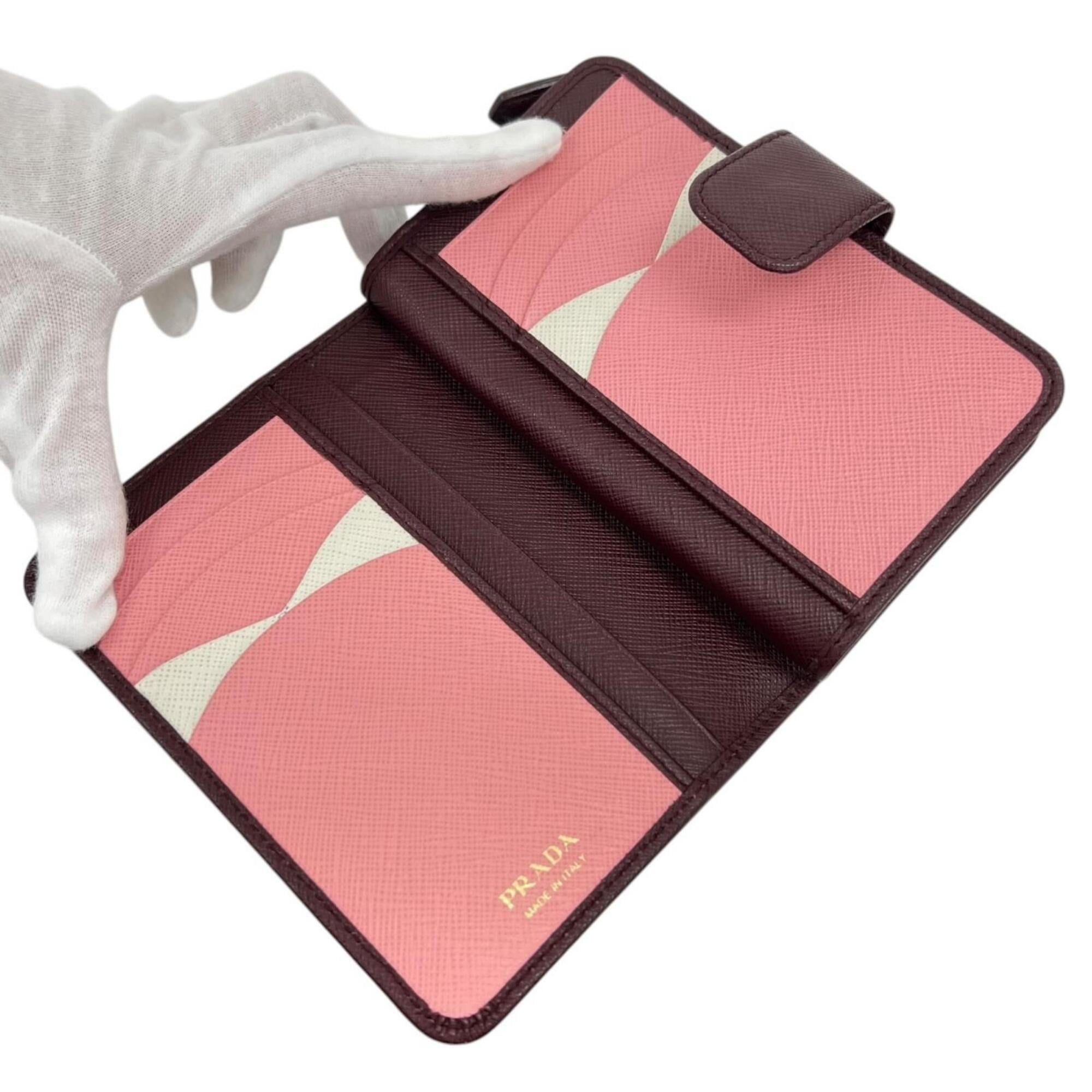Prada Burgundy Ivory Pink Saffiano Metal Wallet (Bi-Fold) (Pre-Owned)