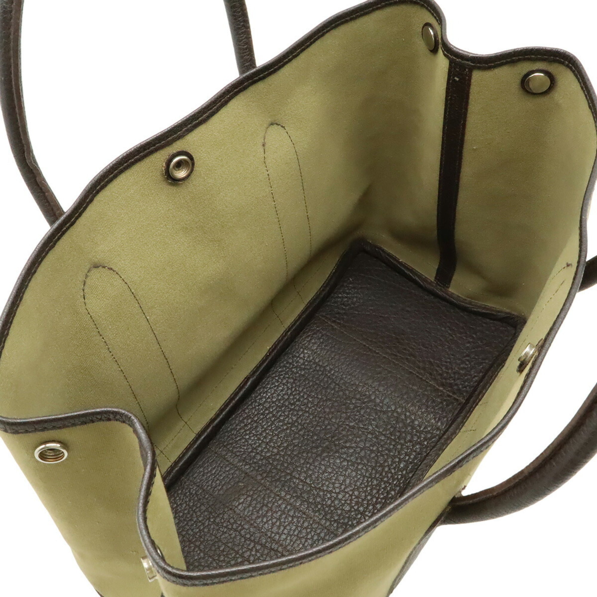 Hermes Garden Dark Brown Khaki Canvas Leather Handbag Tote Bag (Pre-Owned)