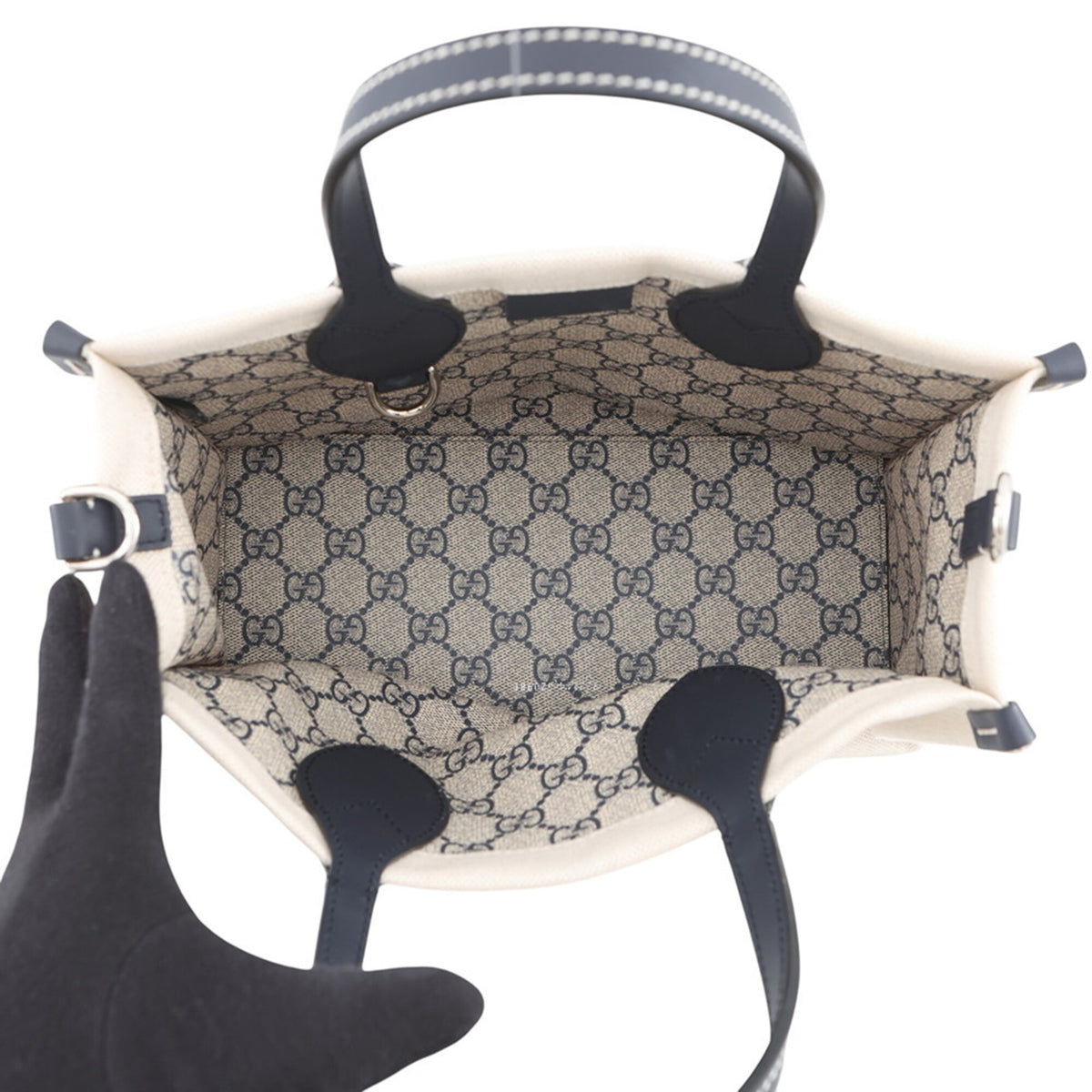 Gucci Beige Navy Canvas Leather Handbag Shoulder Bag (Pre-Owned)