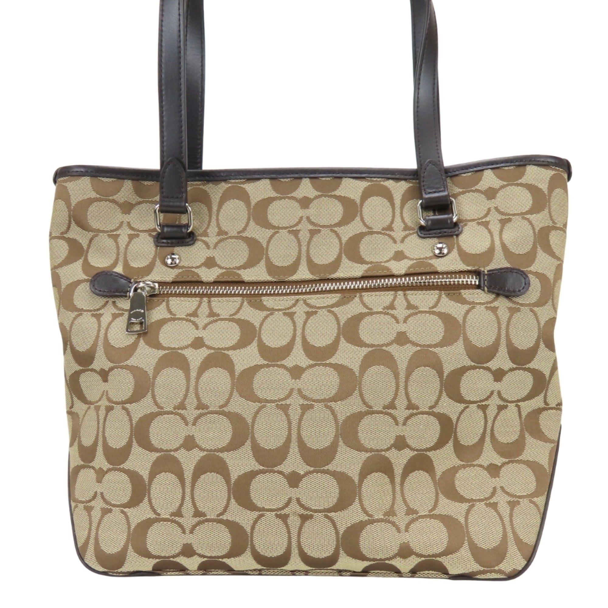 Coach Signature Beige Dark Brown Canvas Leather Tote Bag (Pre-Owned)