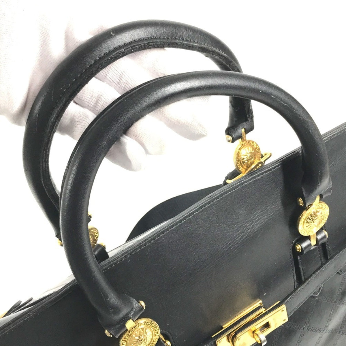 Versace Black Leather Boston Bag Handbag (Pre-Owned)