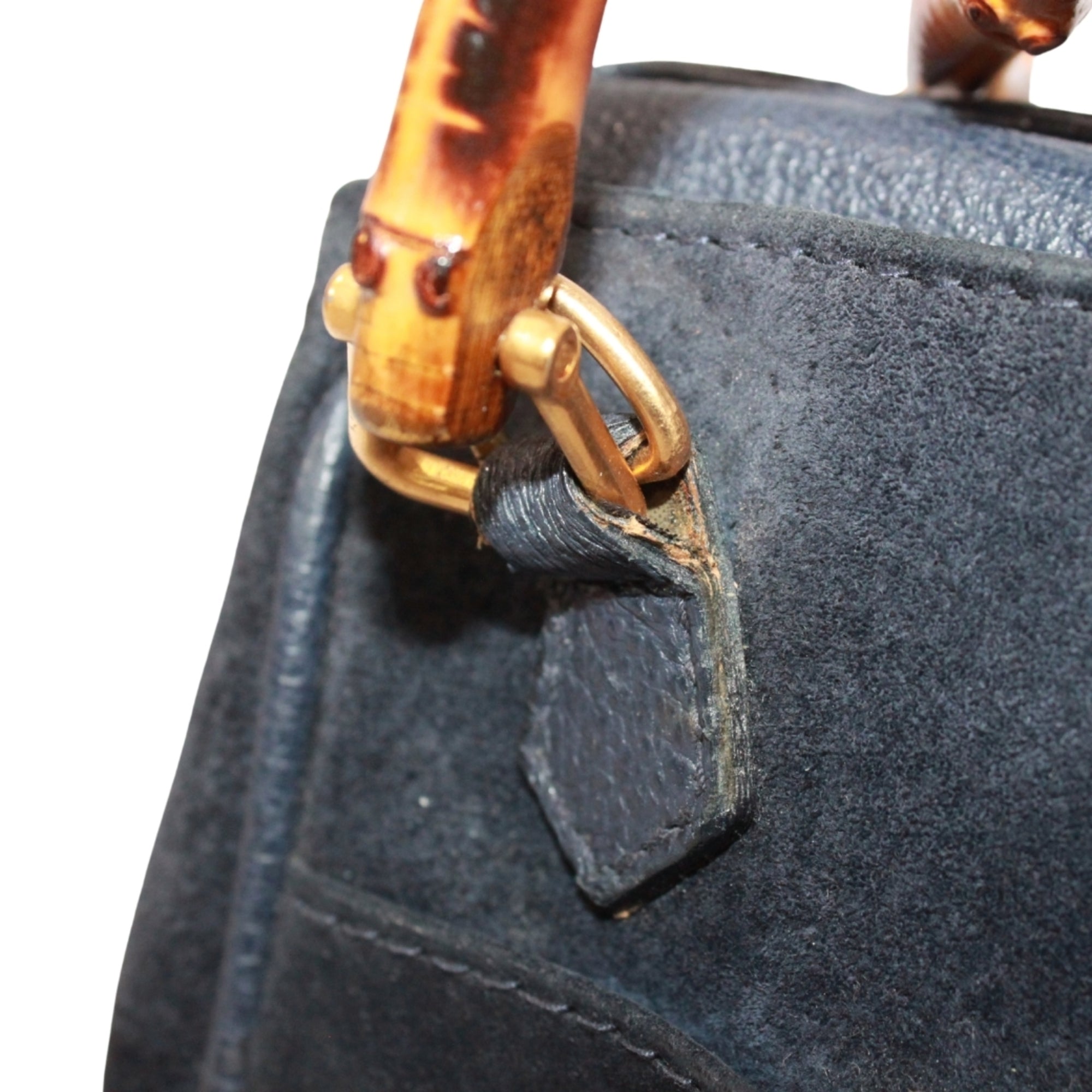 Gucci Navy Bamboo Leather Suede Shoulder Bag (Pre-Owned)