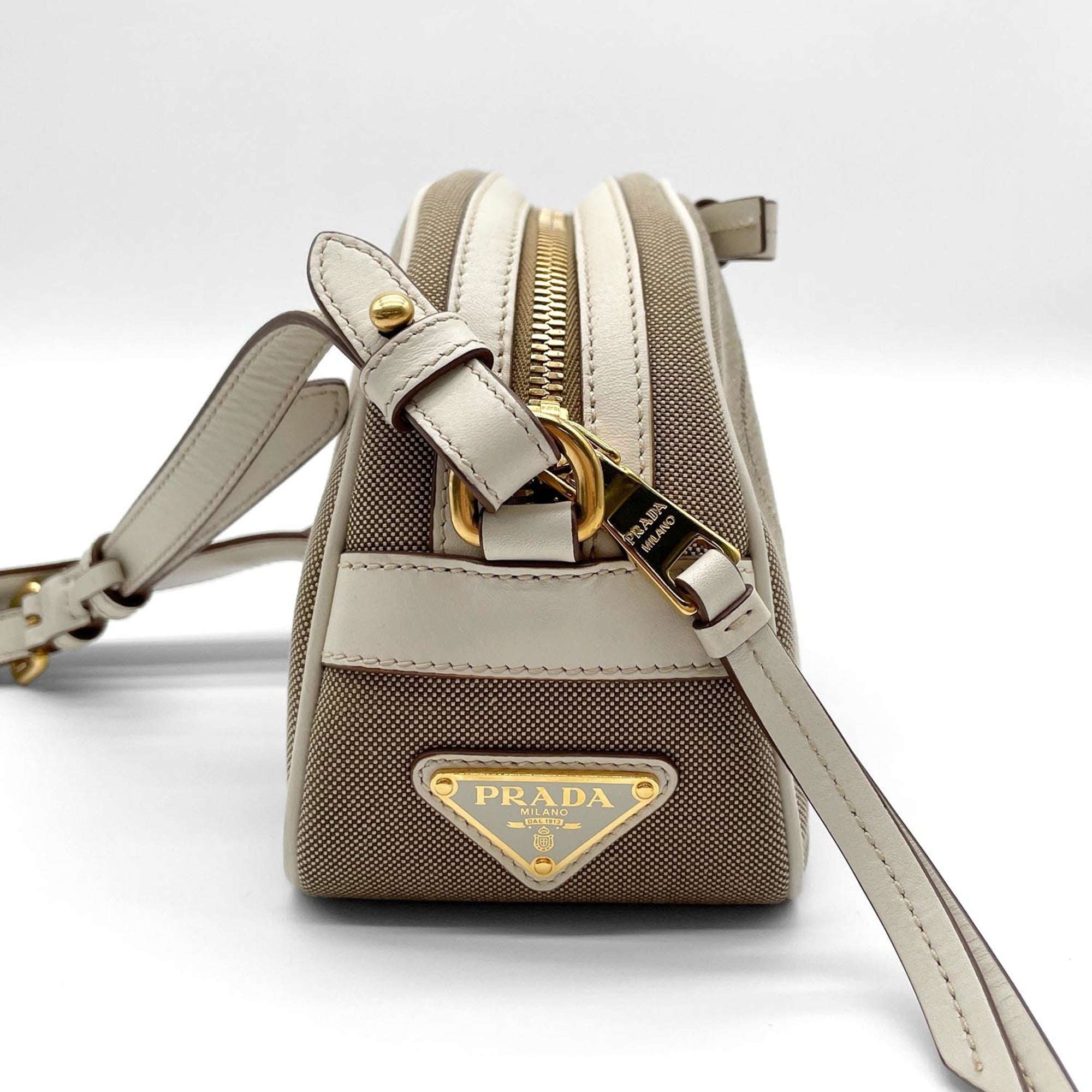 Prada Brown White Canvas Leather Shoulder Bag (Pre-Owned)