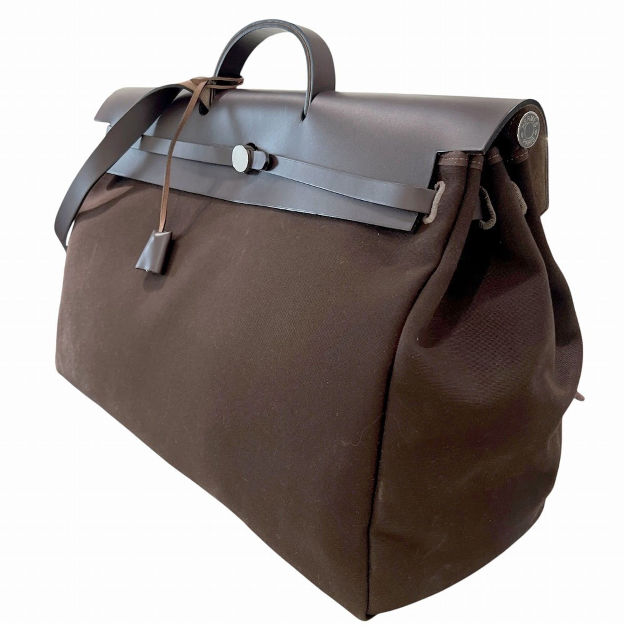 Hermes Brown Canvas Leather Pouch Tote Bag (Pre-Owned)
