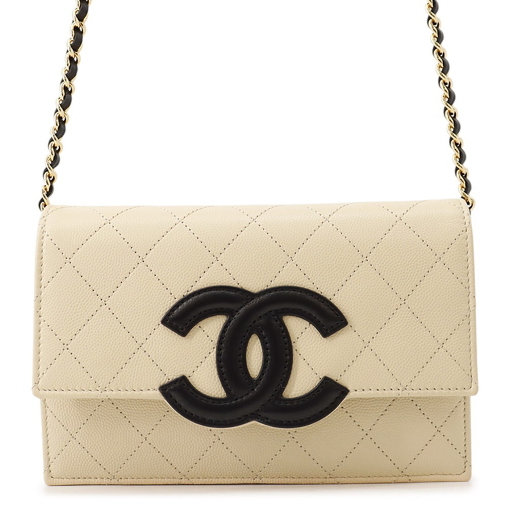 Chanel Beige Black Grained Calfskin Chain/Shoulder Wallet (Pre-Owned)