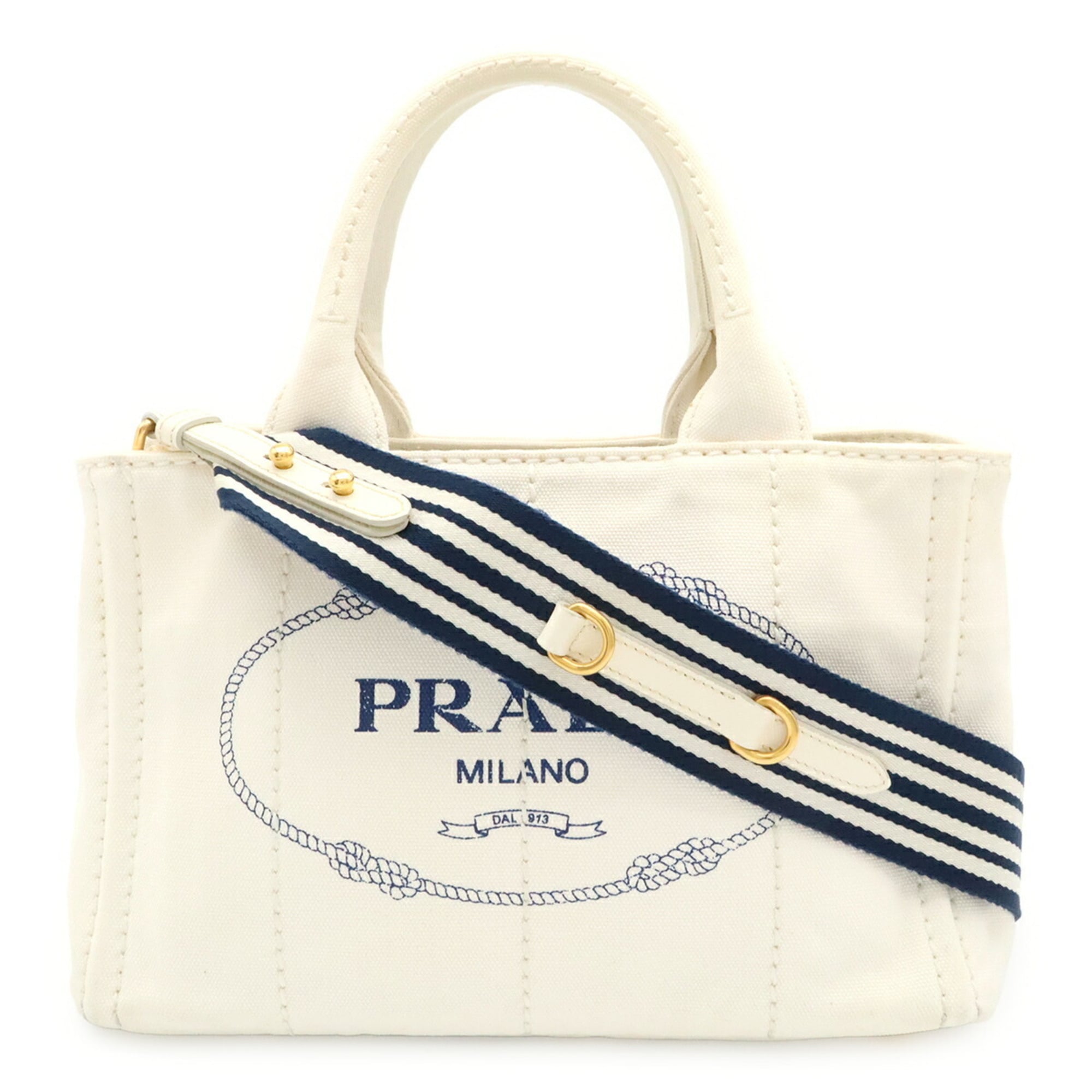 Prada Navy White Yellow Canvas Shoulder Bag Tote Bag (Pre-Owned)