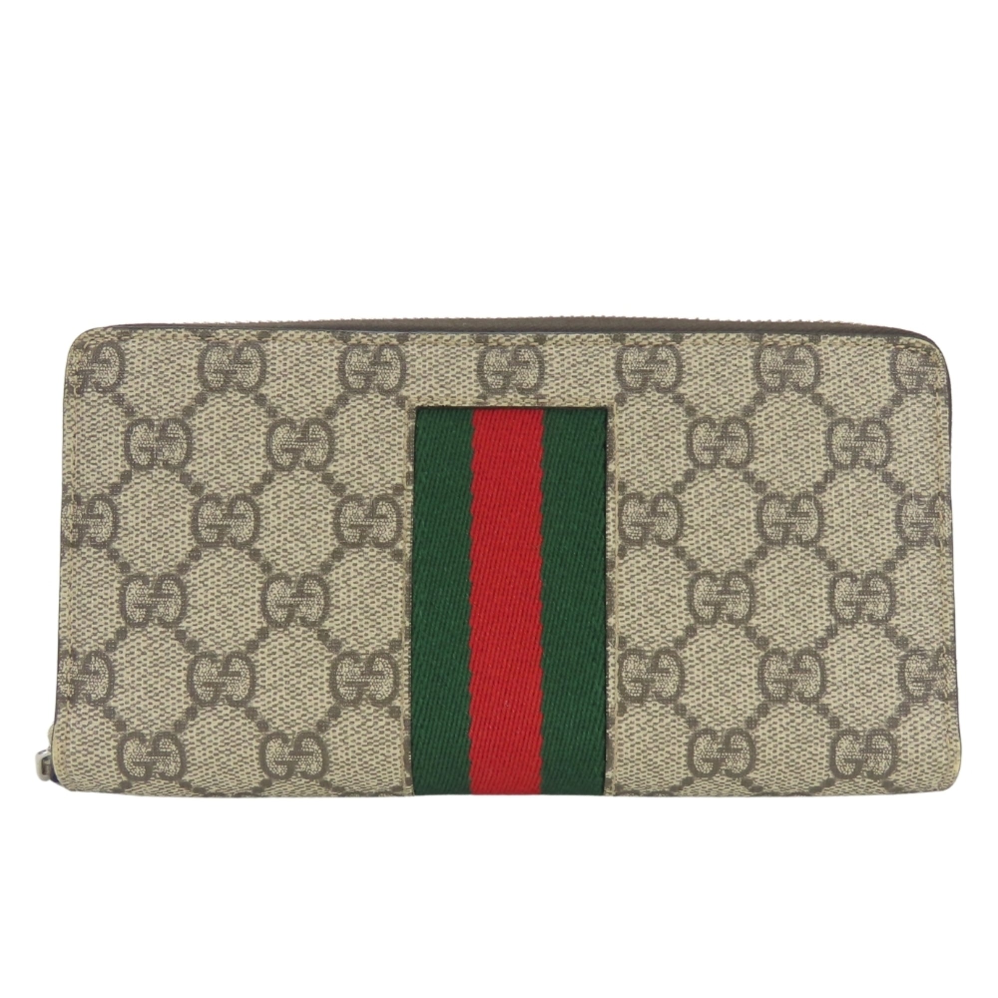 Gucci Beige Dark Brown Green Red Color Gg Supreme Long Wallet (Bi-Fold) (Pre-Owned)
