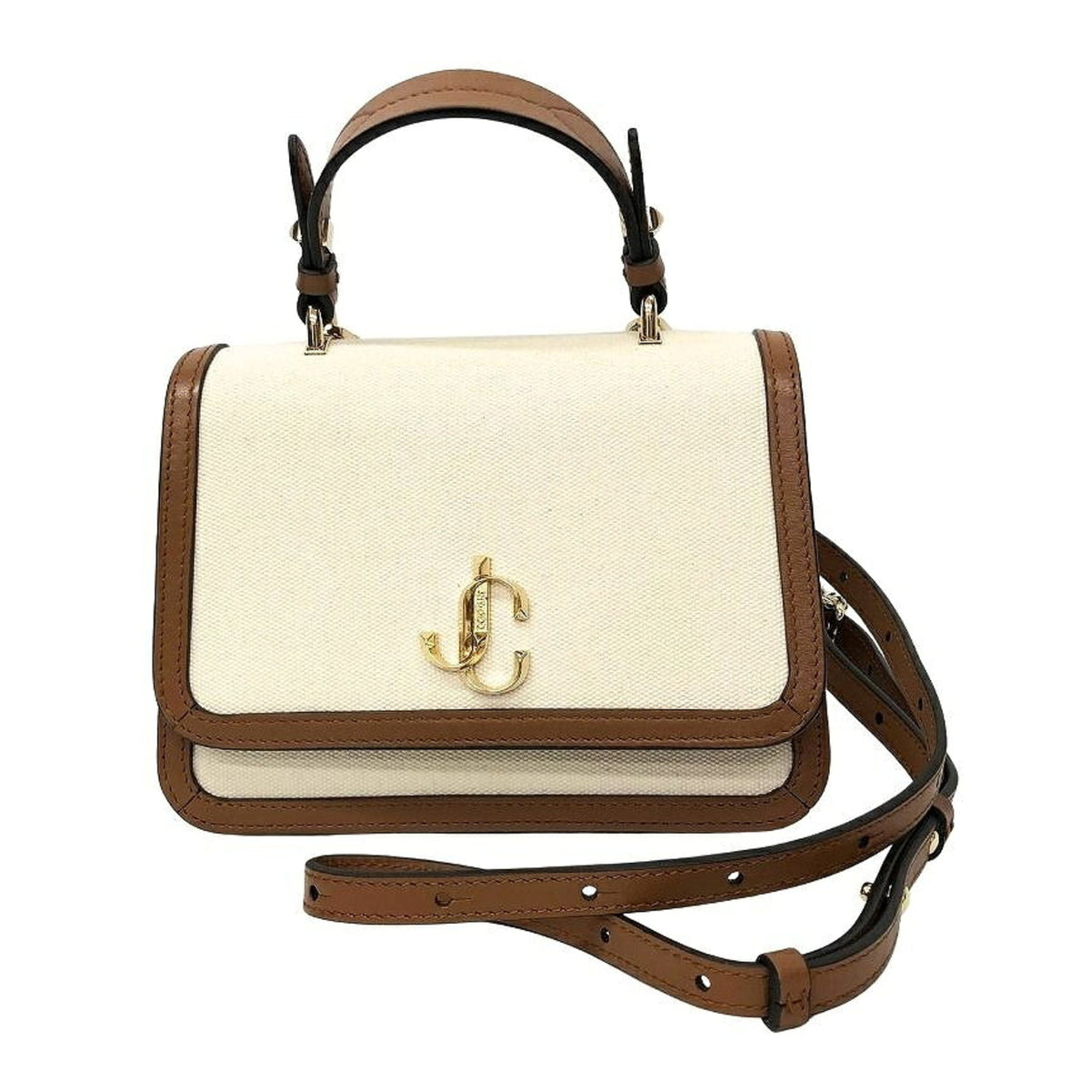 Jimmy Choo Brown Ivory Canvas Leather Handbag Shoulder Bag (Pre-Owned)