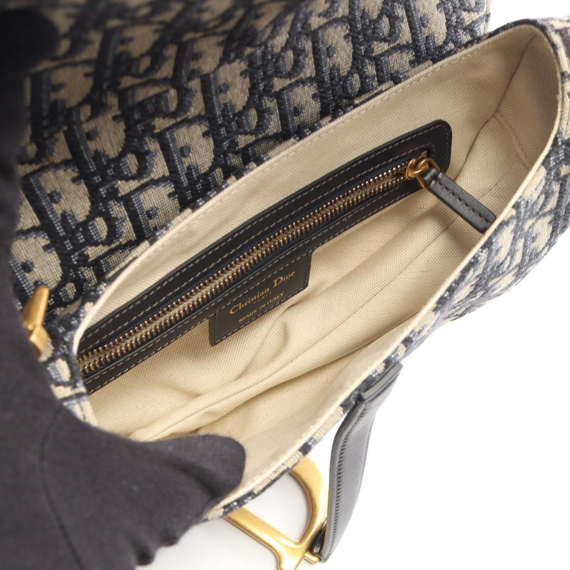 Christian Dior Beige Navy Canvas Leather Handbag Saddle Bag (Pre-Owned)