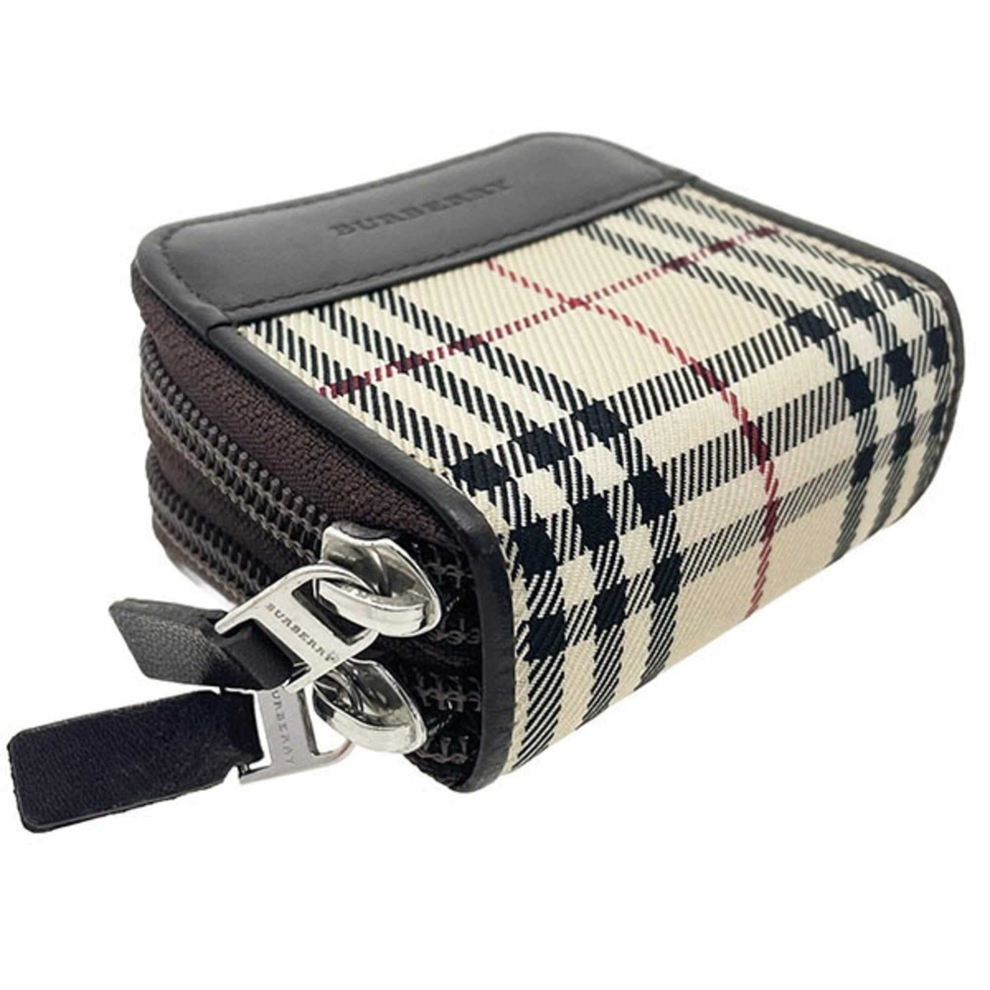 Burberry Beige Dark Brown Nylon Leather Coin Purse/Coin Case (Pre-Owned)