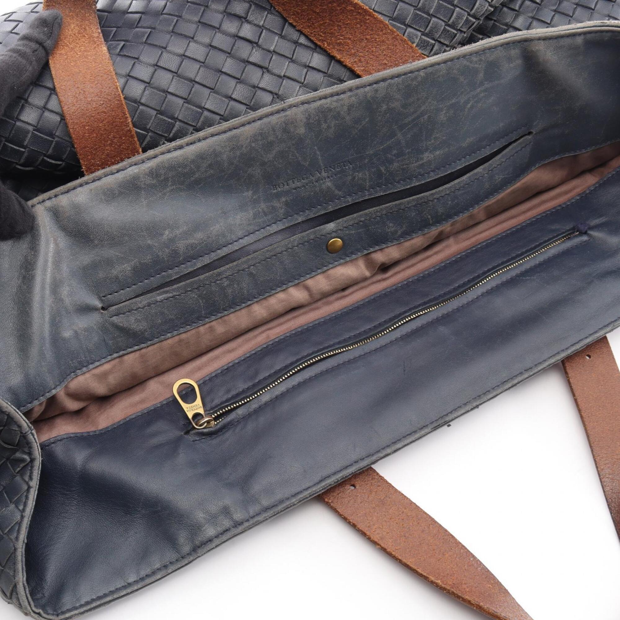 Bottega Veneta Brown Navy Leather Handbag Tote Bag (Pre-Owned)