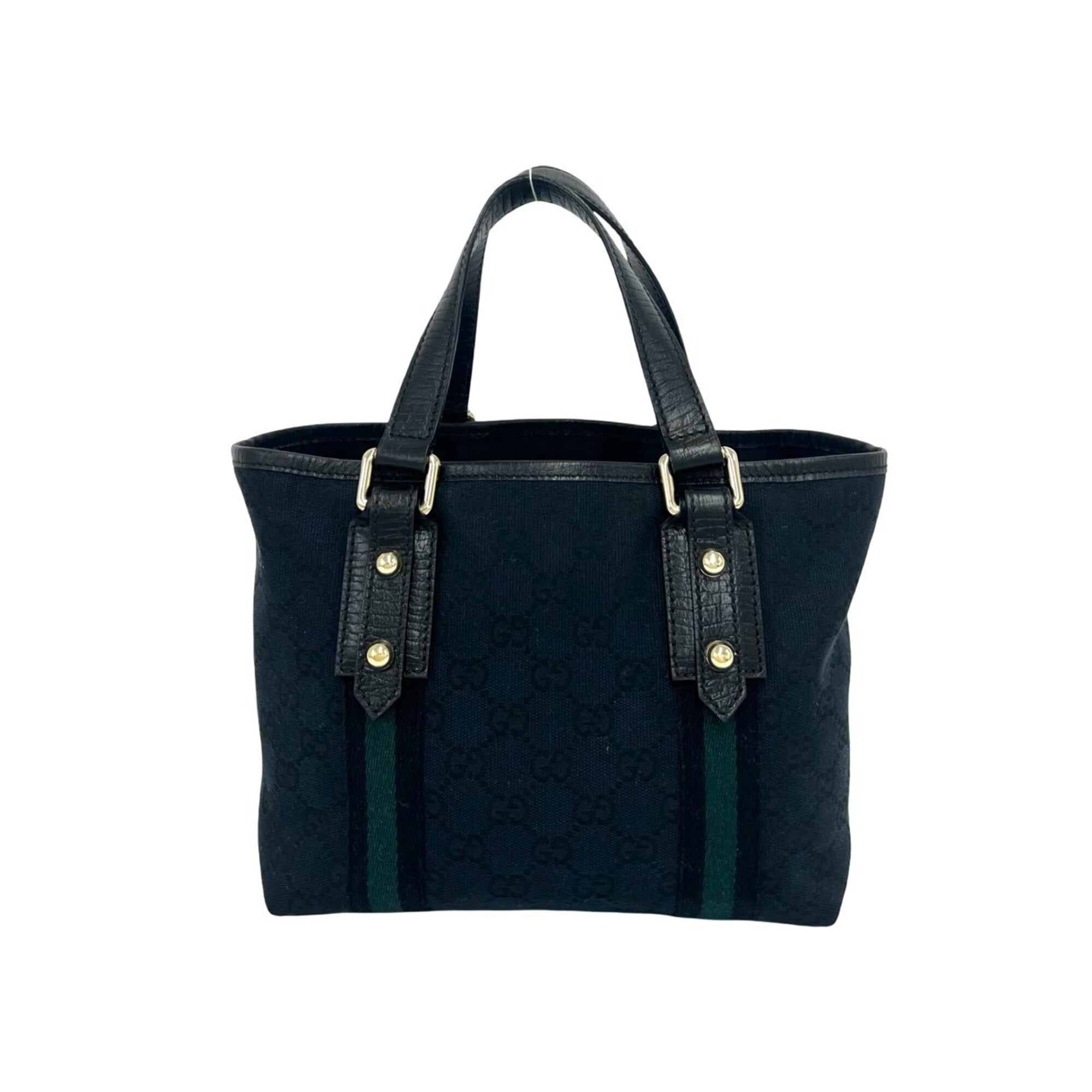 Gucci Black Navy Canvas Leather Boston Bag Handbag Tote Bag (Pre-Owned)