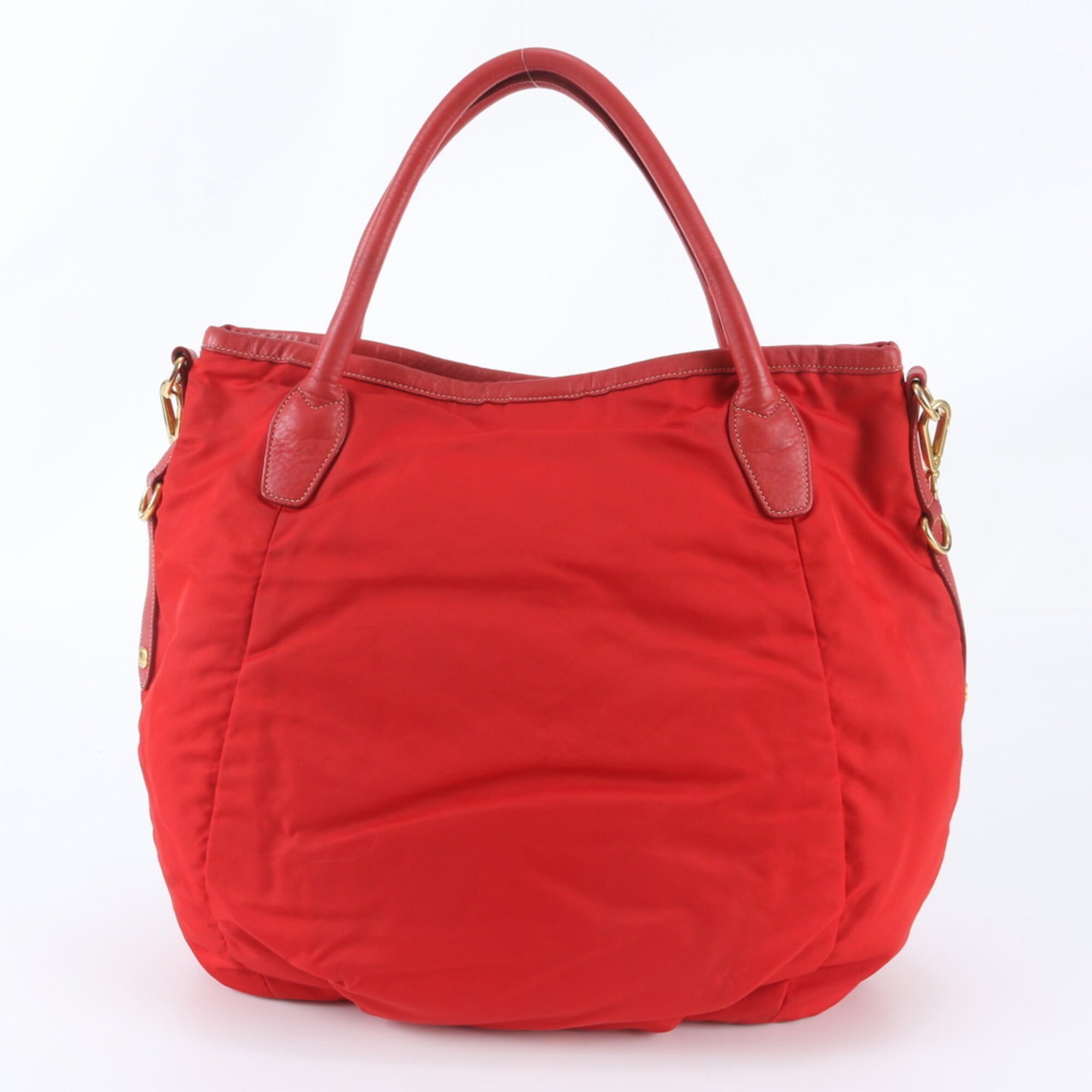 Prada Red Color Nylon Leather Shoulder Bag Tote Bag (Pre-Owned)
