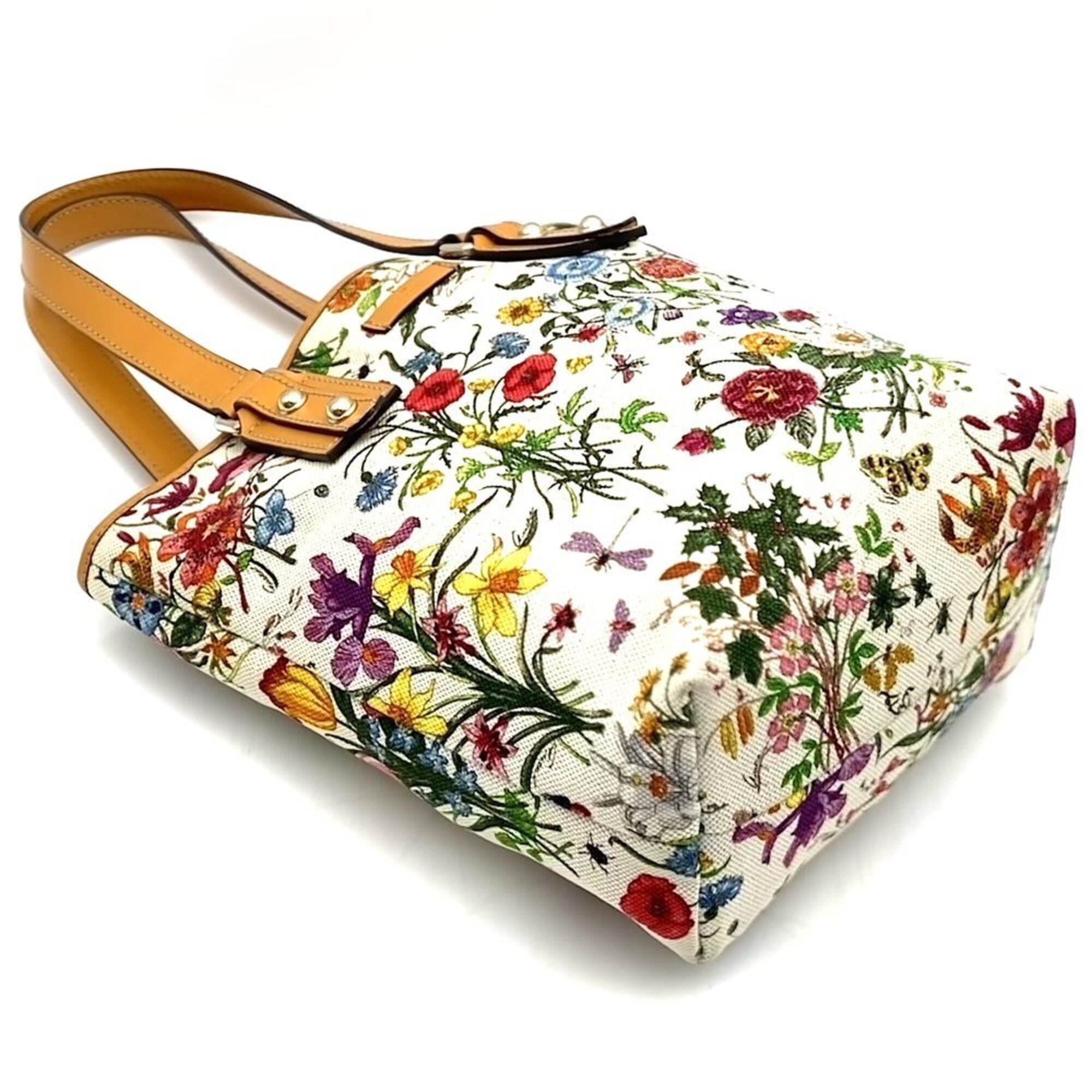 Gucci Flora Brown Orange Canvas Leather Handbag Tote Bag (Pre-Owned)