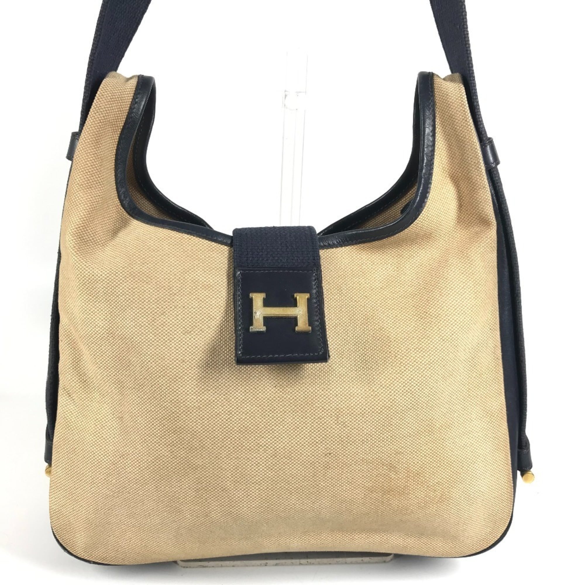 Hermes Beige Navy Leather Canvas Shoulder Bag (Pre-Owned)