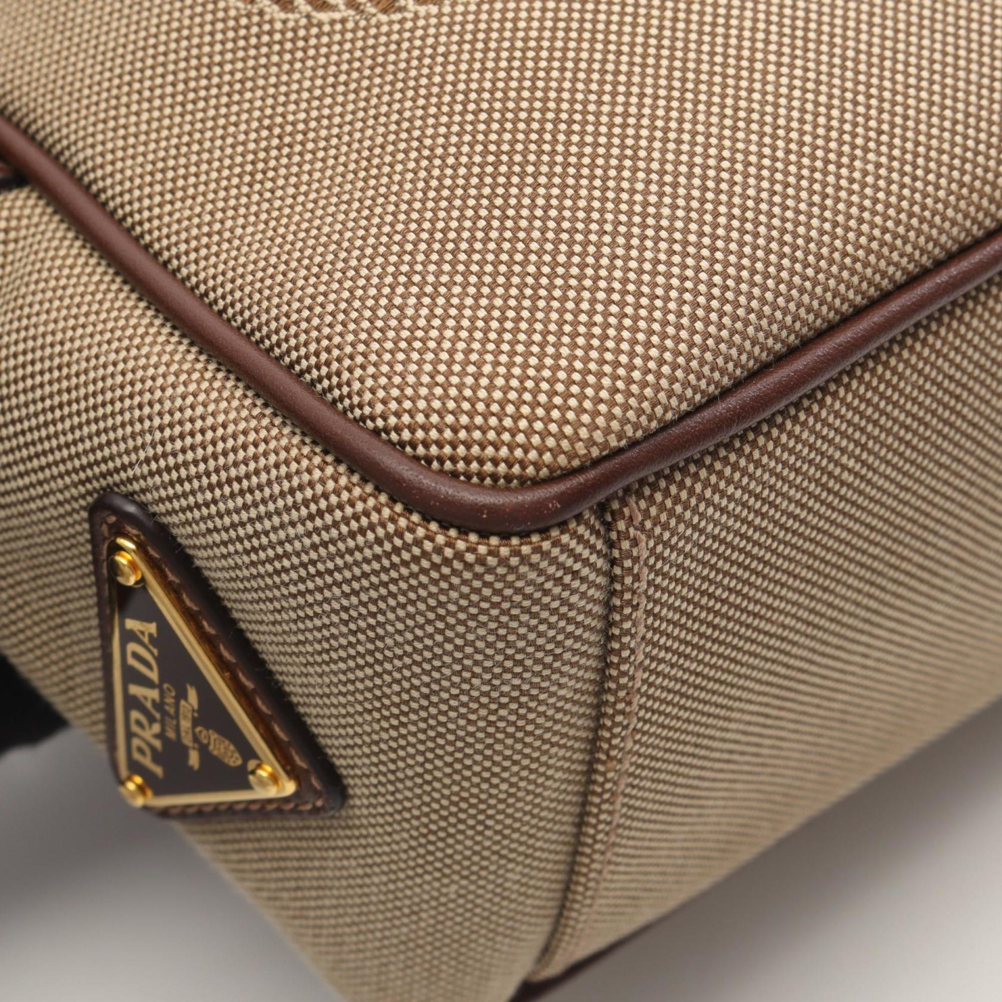 Prada Beige Brown Canvas Leather Handbag Shoulder Bag (Pre-Owned)