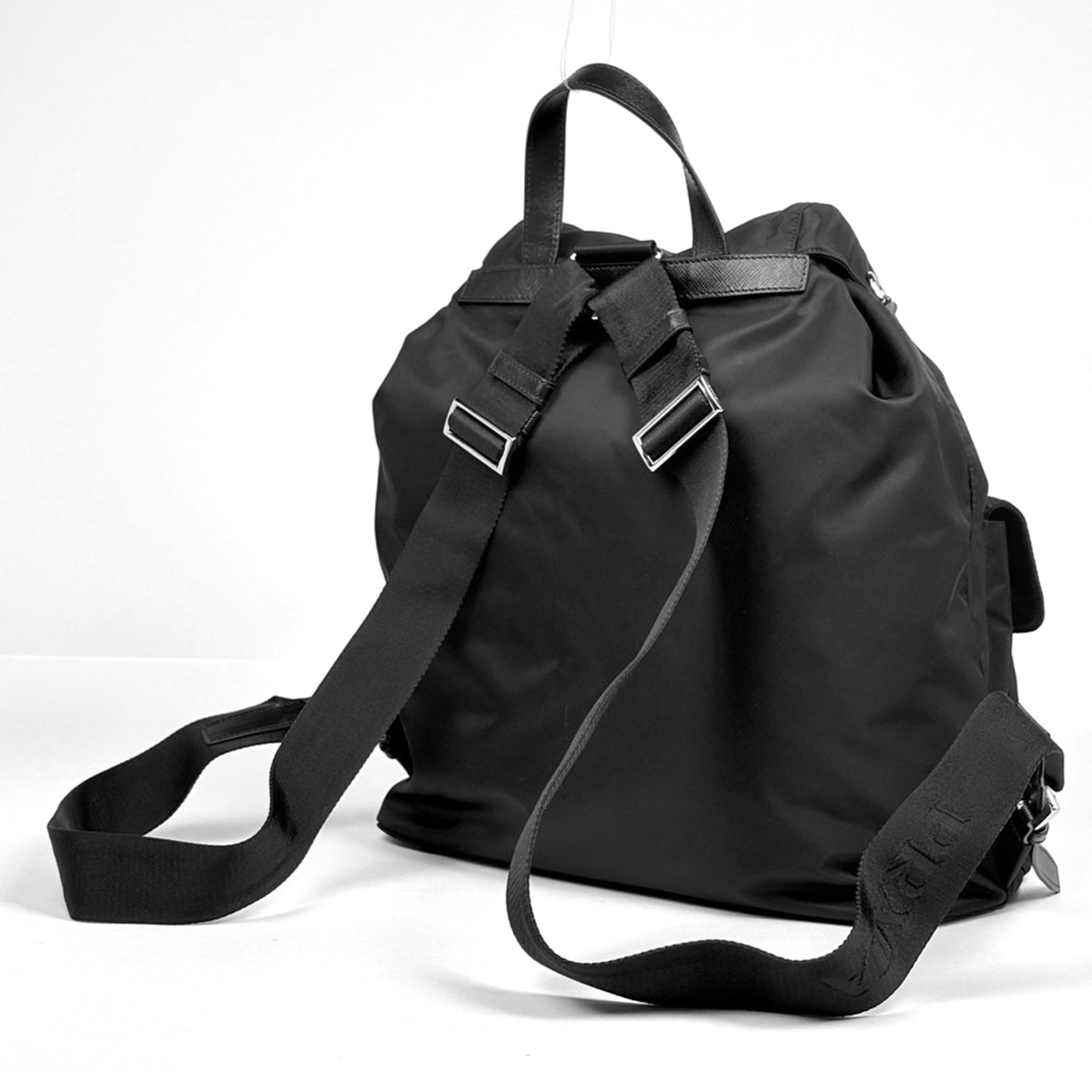 Prada Black Nero Nylon Saffiano Triangle Leather Backpack (Pre-Owned)
