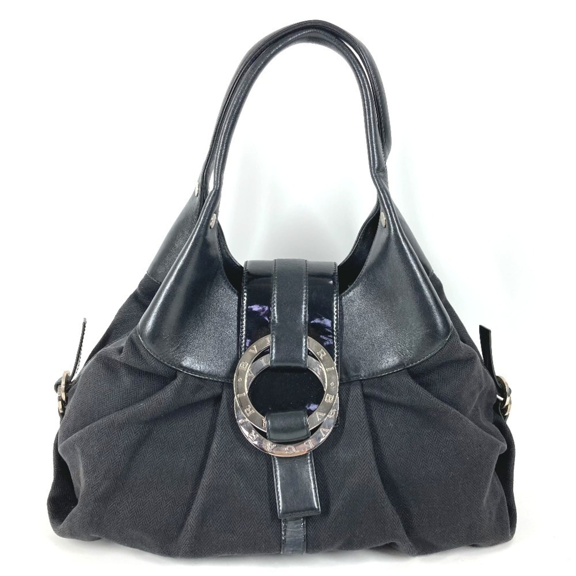 Bvlgari Chandra Black Leather Canvas Shoulder Bag Tote Bag (Pre-Owned)