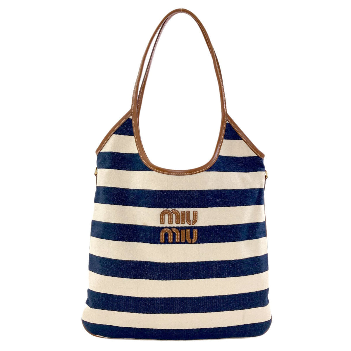 Miu Miu Brown Navy White Canvas Leather Tote Bag (Pre-Owned)
