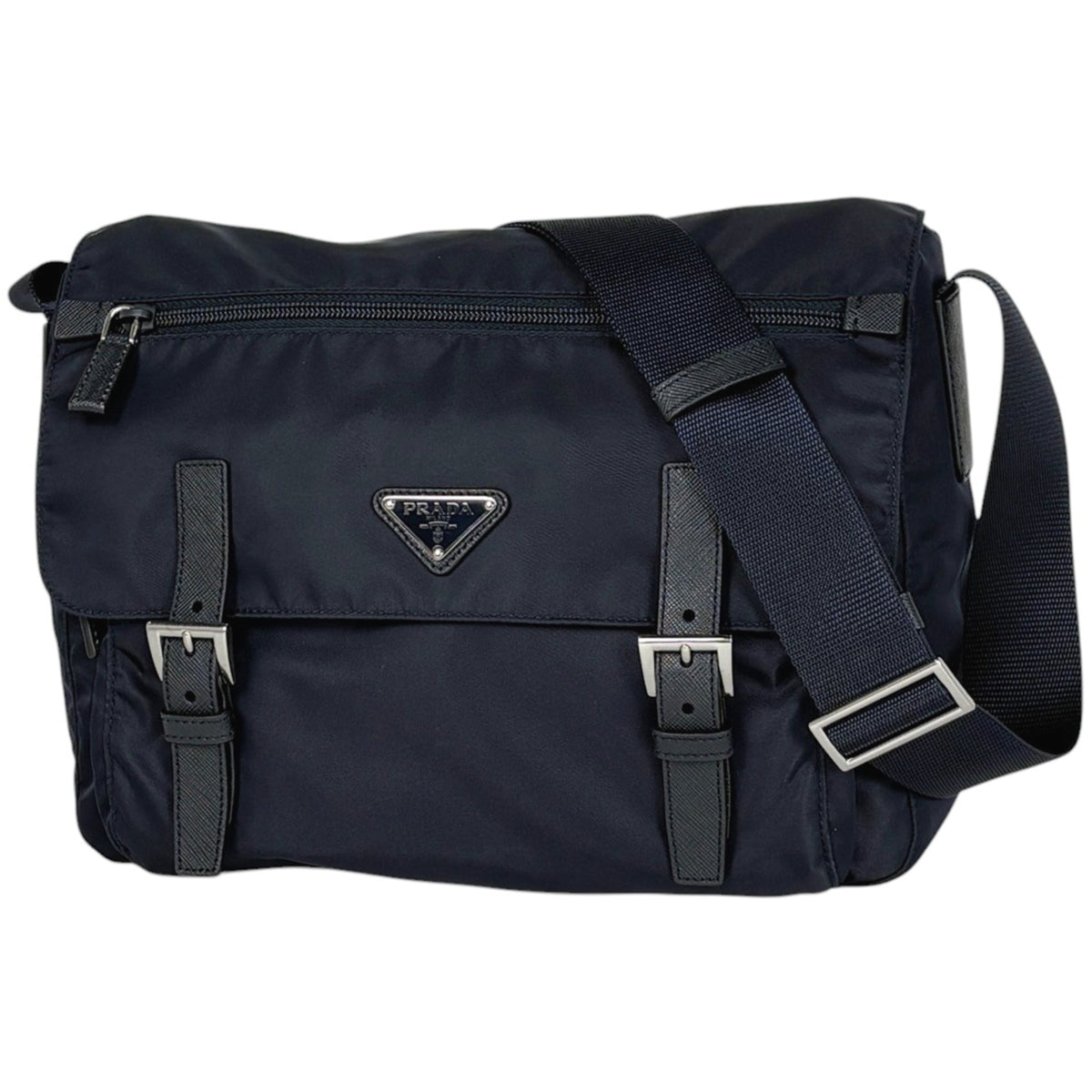 Prada Blue Leather Tessuto Shoulder Bag (Pre-Owned)