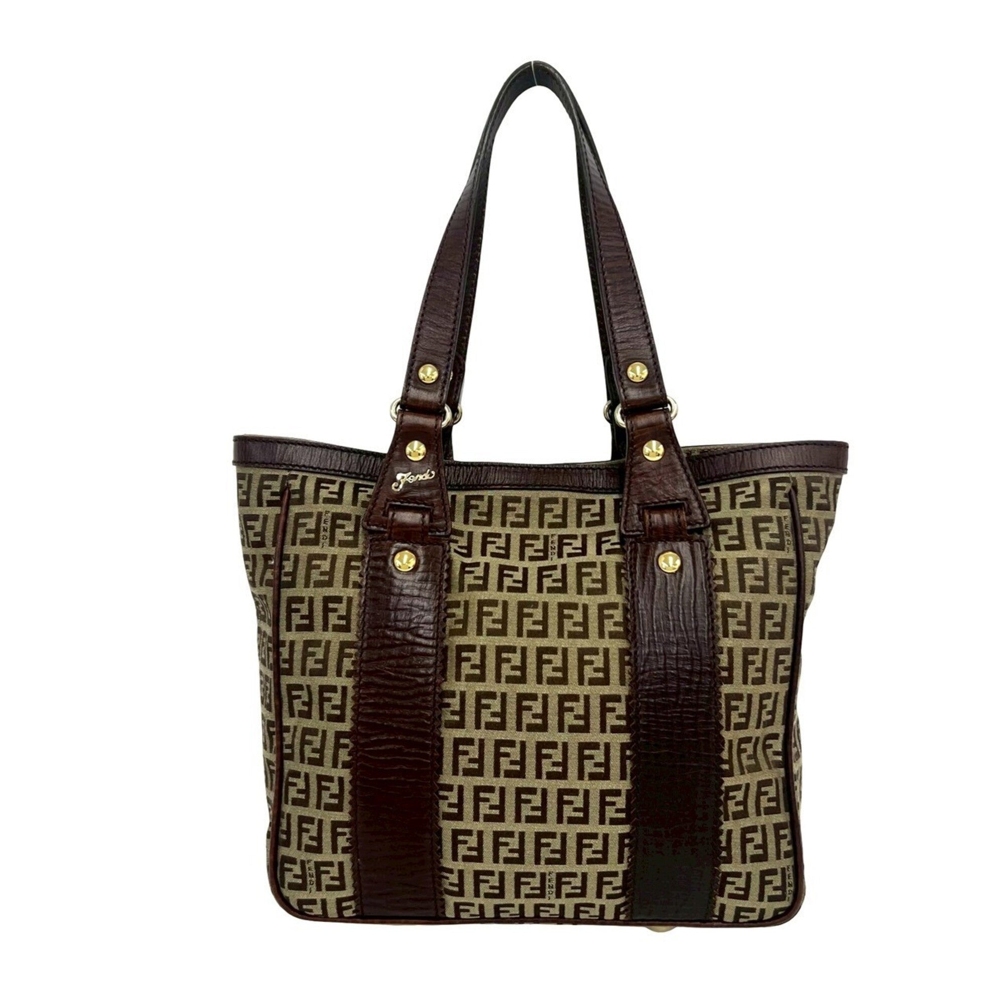 Fendi Brown Khaki Canvas Leather Handbag Shoulder Bag Tote Bag (Pre-Owned)