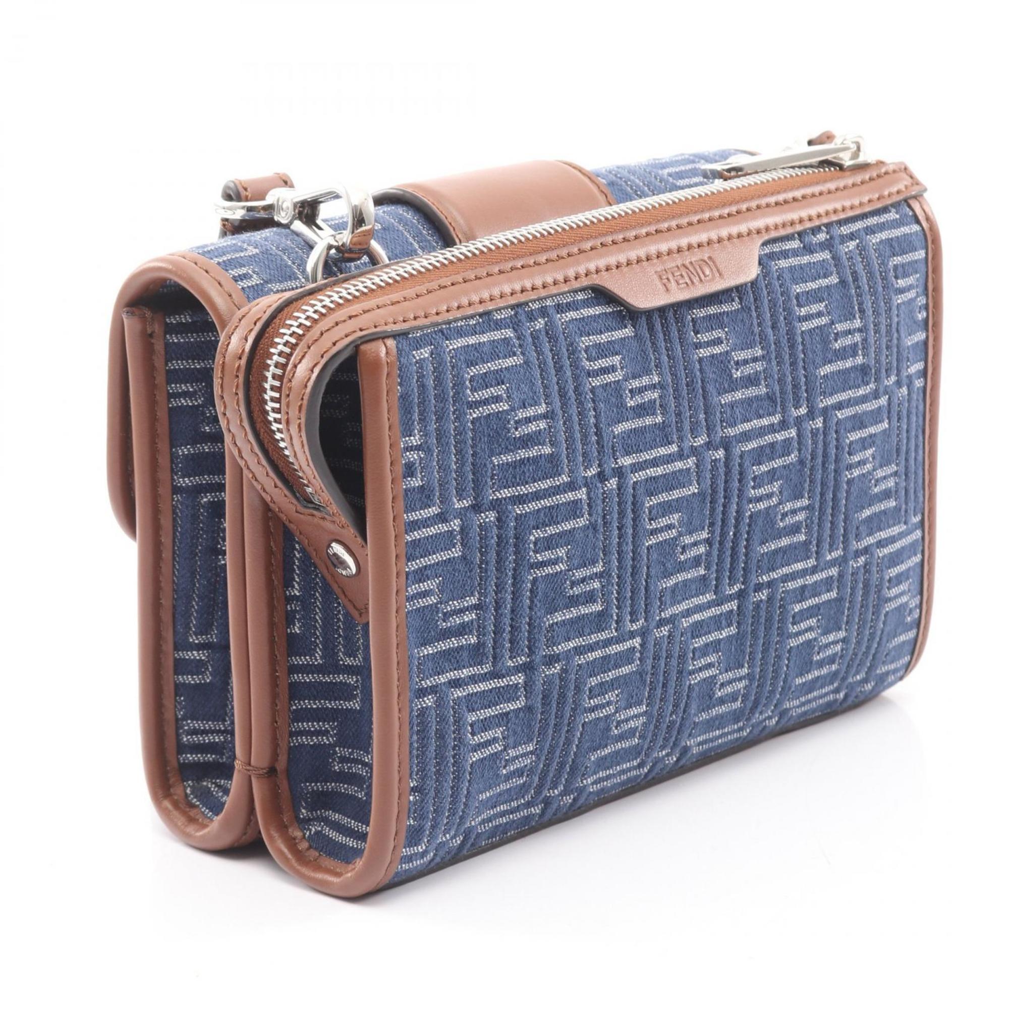 Fendi Brown Navy Canvas Leather Shoulder Bag (Pre-Owned)