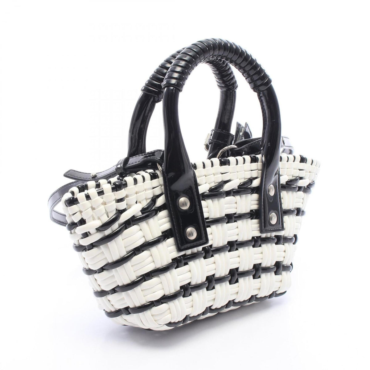 Balenciaga Black White Leather Basket Handbag (Pre-Owned)