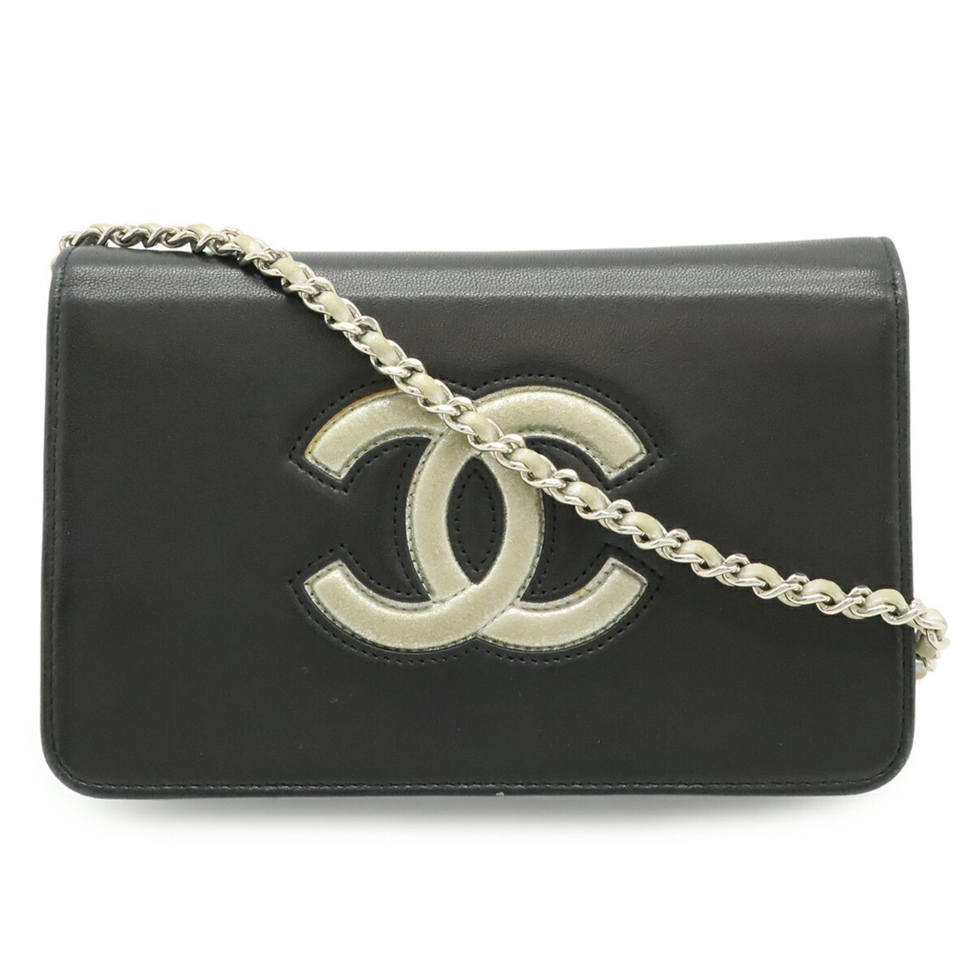 Chanel Black Metallic Silver Leather Chain/Shoulder Wallet (Pre-Owned)