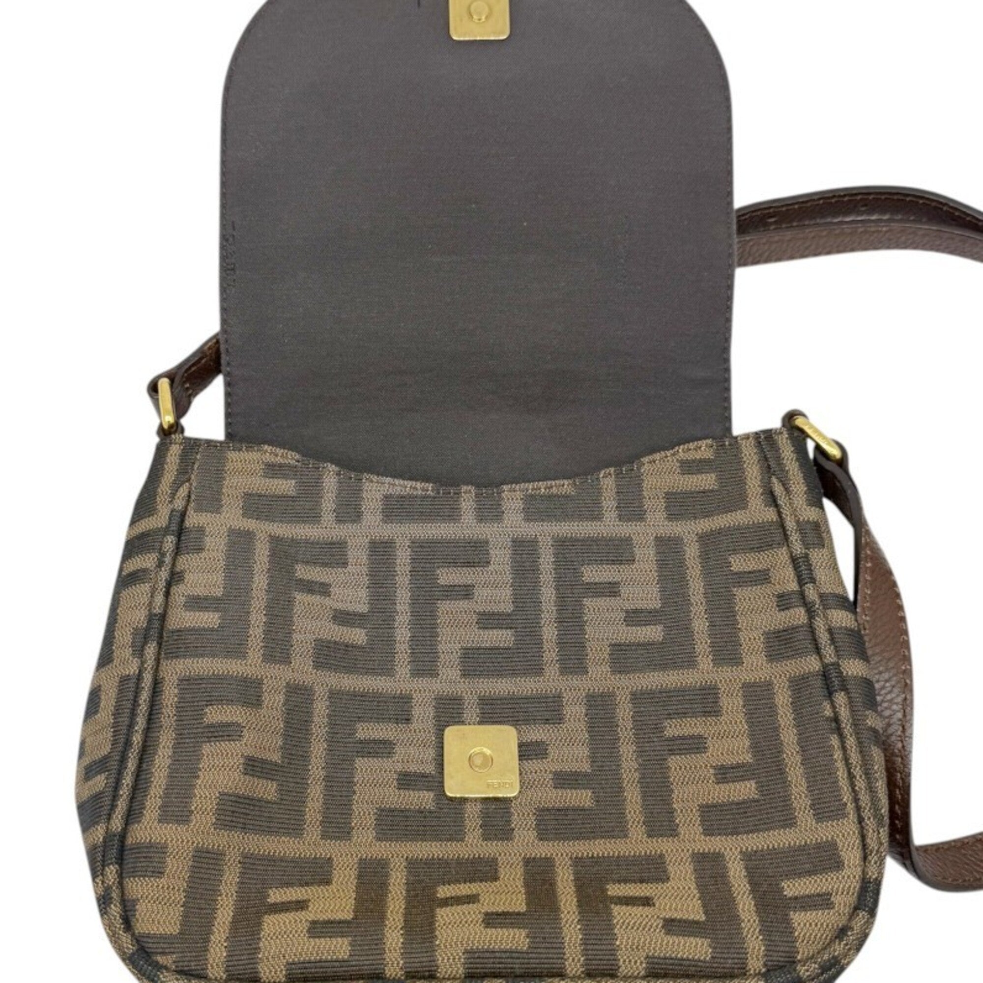 Fendi Zucca Brown Canvas Leather Shoulder Bag (Pre-Owned)