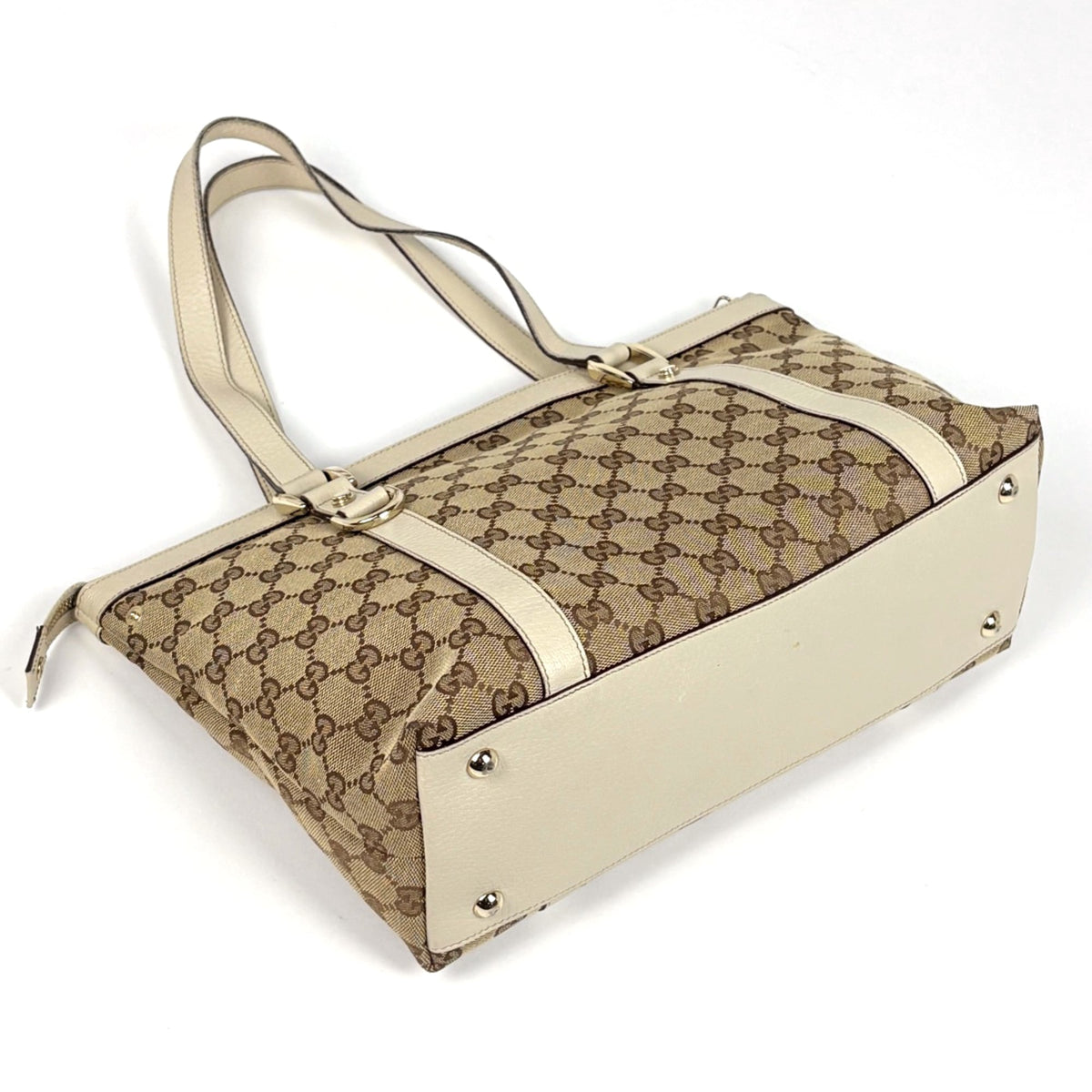 Gucci Abbey Beige Ivory Gg Canvas Leather Tote Bag (Pre-Owned)
