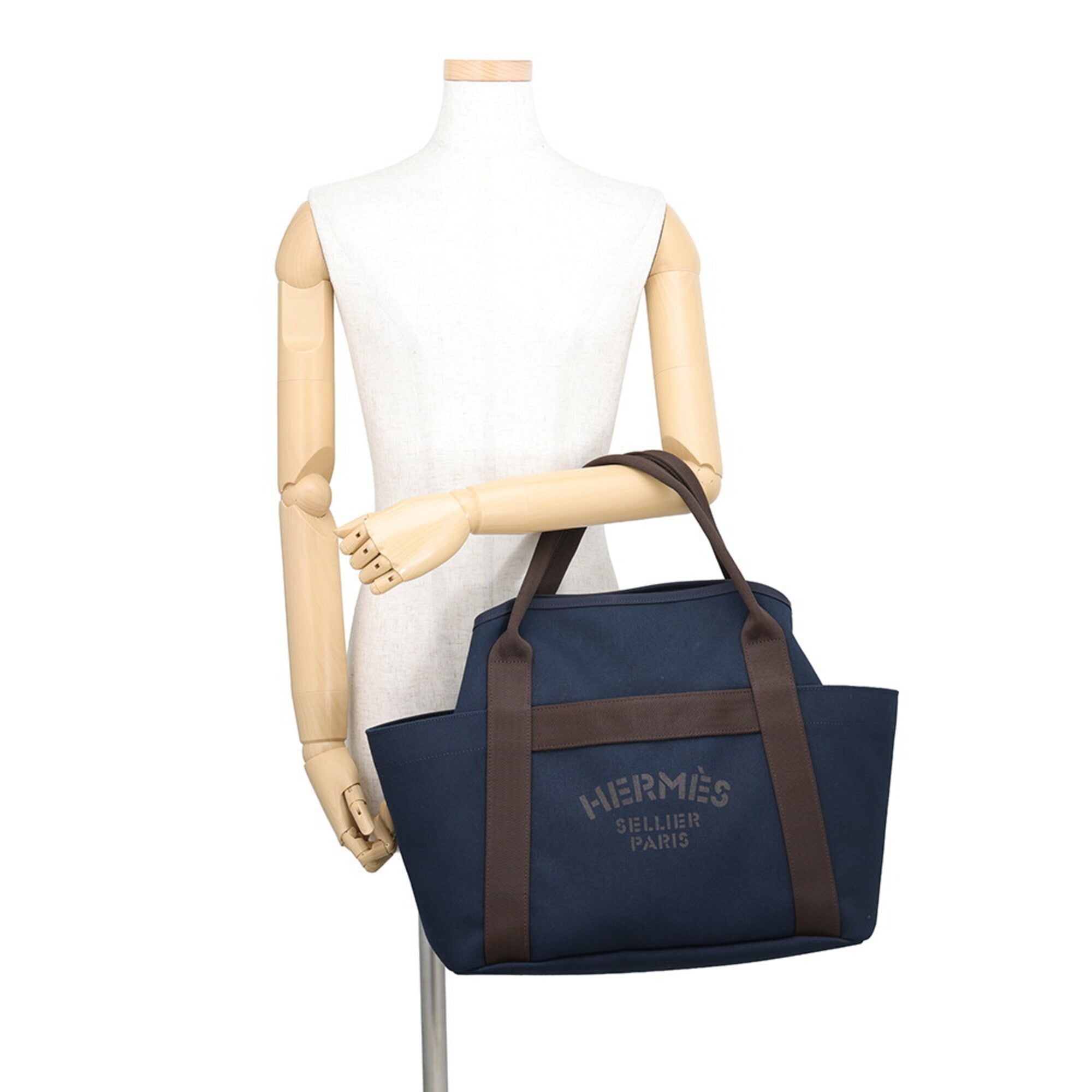 Hermes Kara Feu Navy Toile Chevron Canvas Handbag (Pre-Owned)