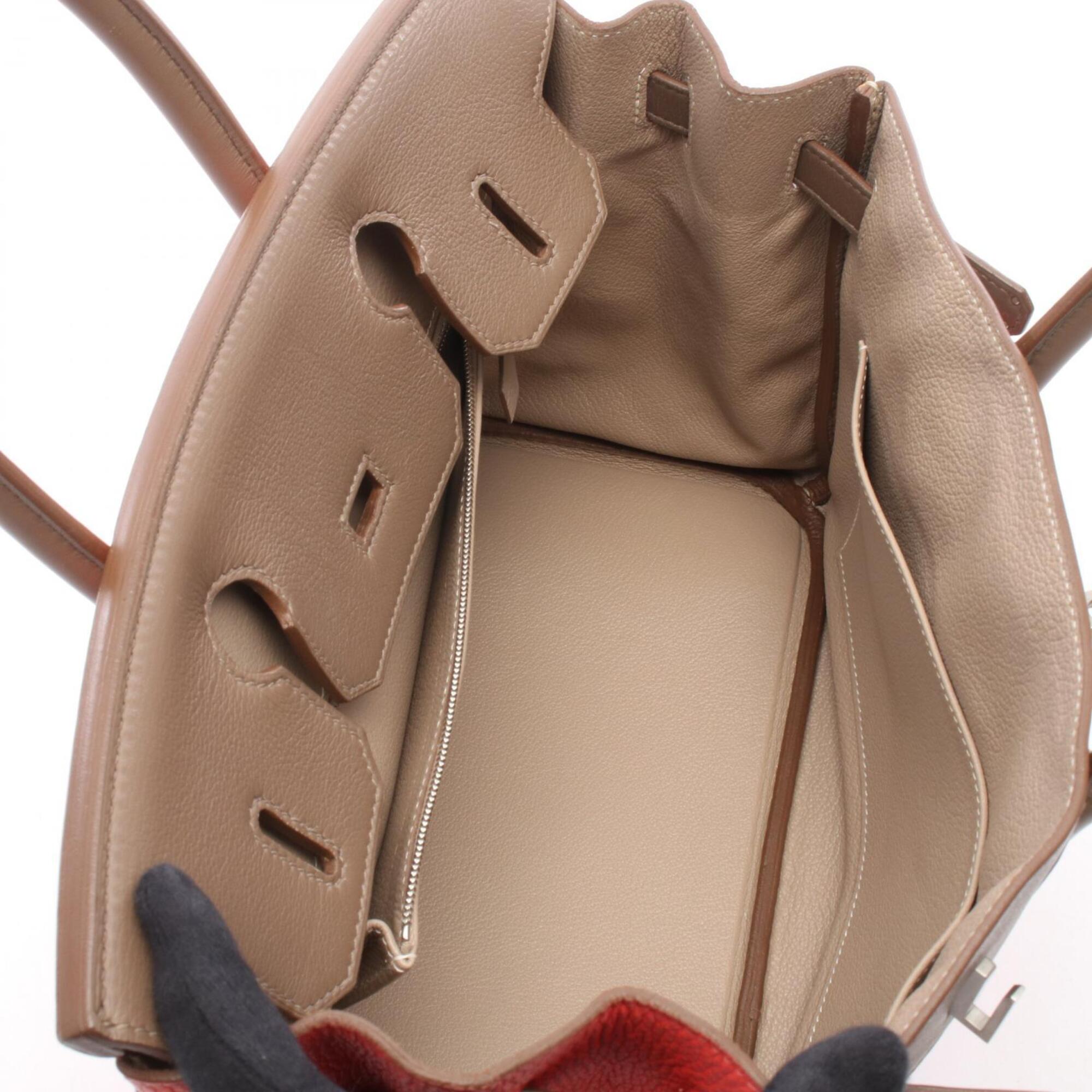 Hermes Beige Etoupe Gray Gris Tourterelle Red Color Rose Jaipur Taurillon Clemence Leather Handbag (Pre-Owned)