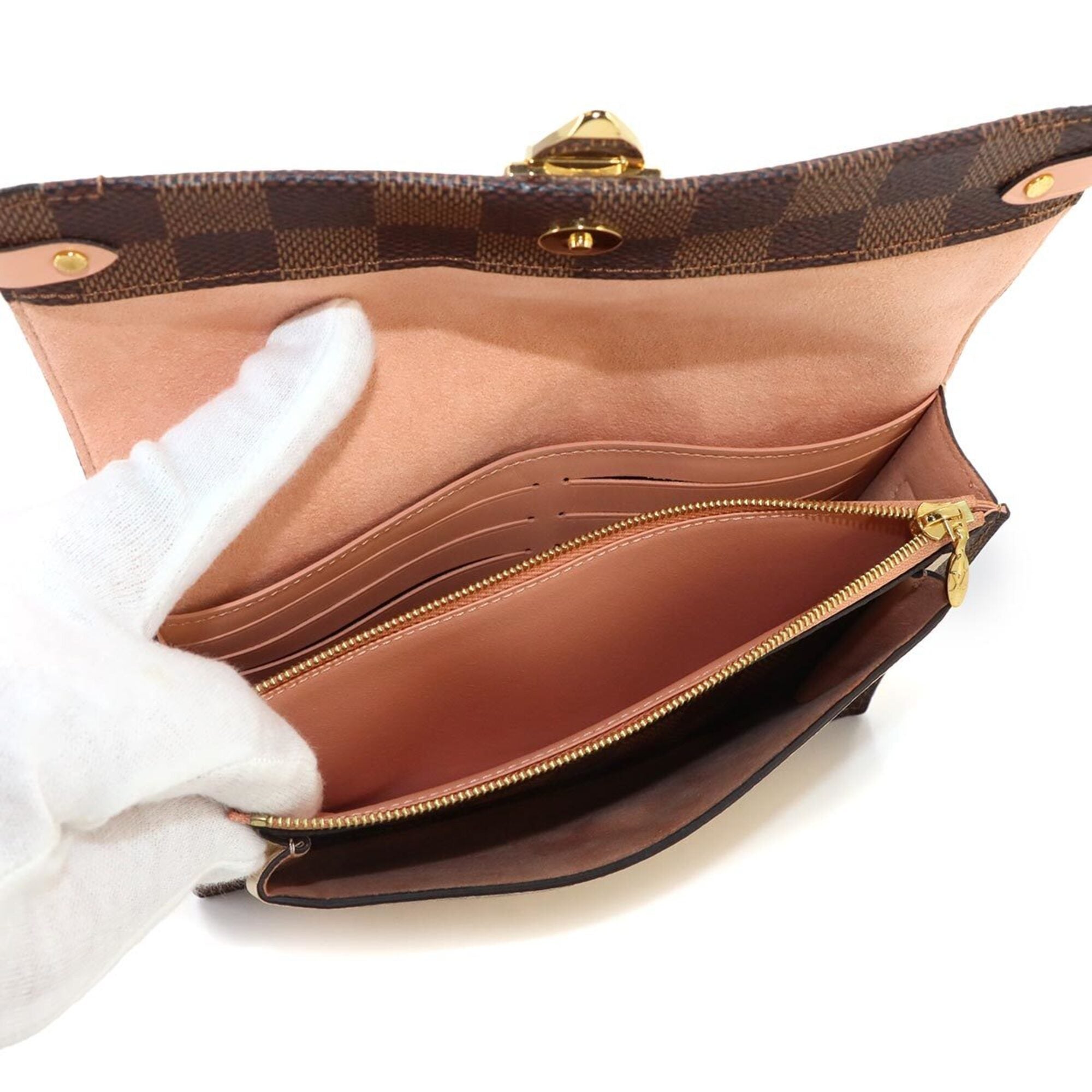 Louis Vuitton Damier Ebene Ivory Pink Damier Canvas Leather Chain/Shoulder Wallet (Pre-Owned)