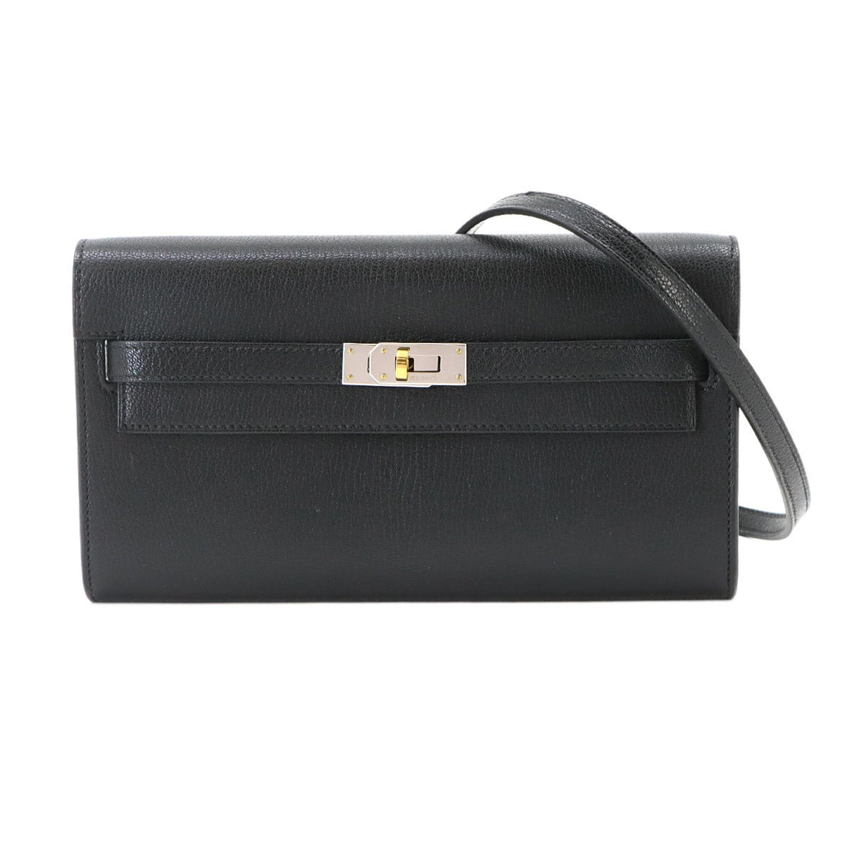 Hermes Kelly Black Chevre Leather Chain/Shoulder Wallet (Pre-Owned)