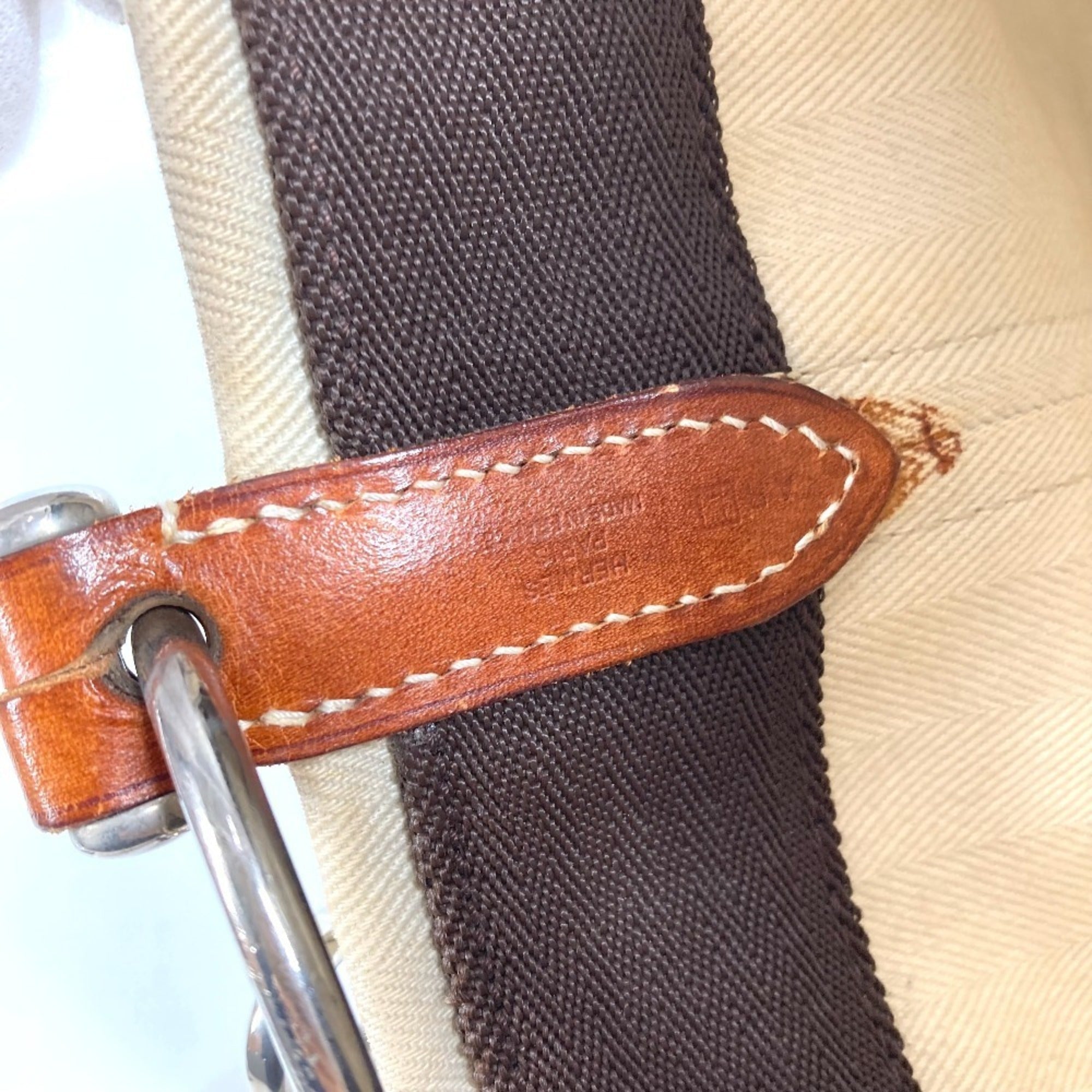 Hermes Beige Leather Canvas Handbag Shoulder Bag (Pre-Owned)