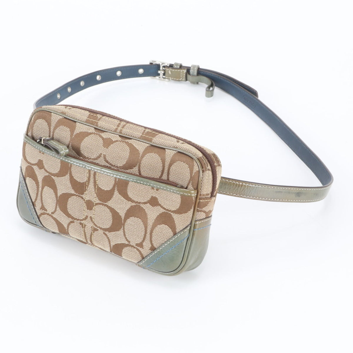 Coach Beige Smoke Green Leather Canvas Pouch Shoulder Bag Sling Bag (Pre-Owned)