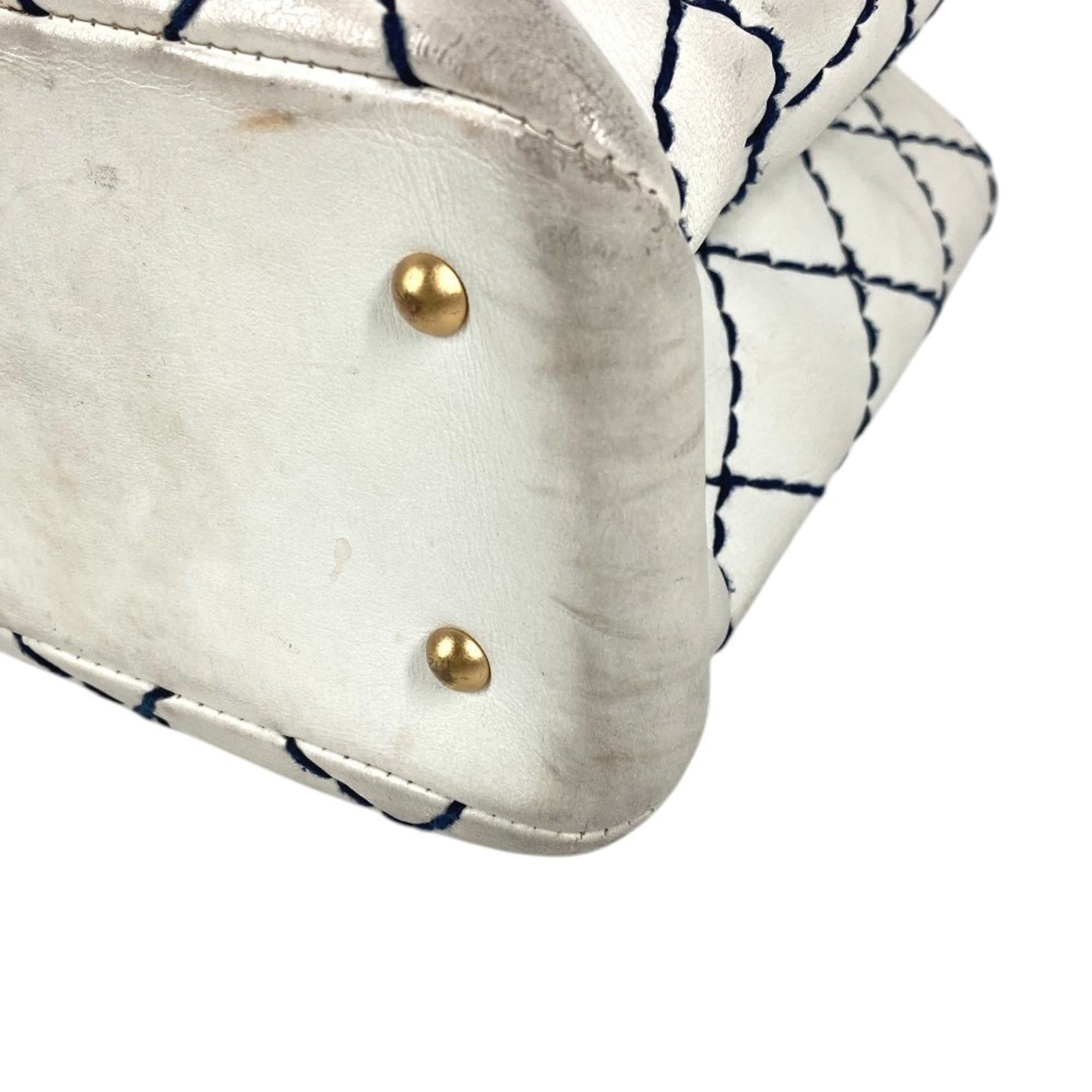 Chanel Navy White Leather Shoulder Bag Tote Bag (Pre-Owned)