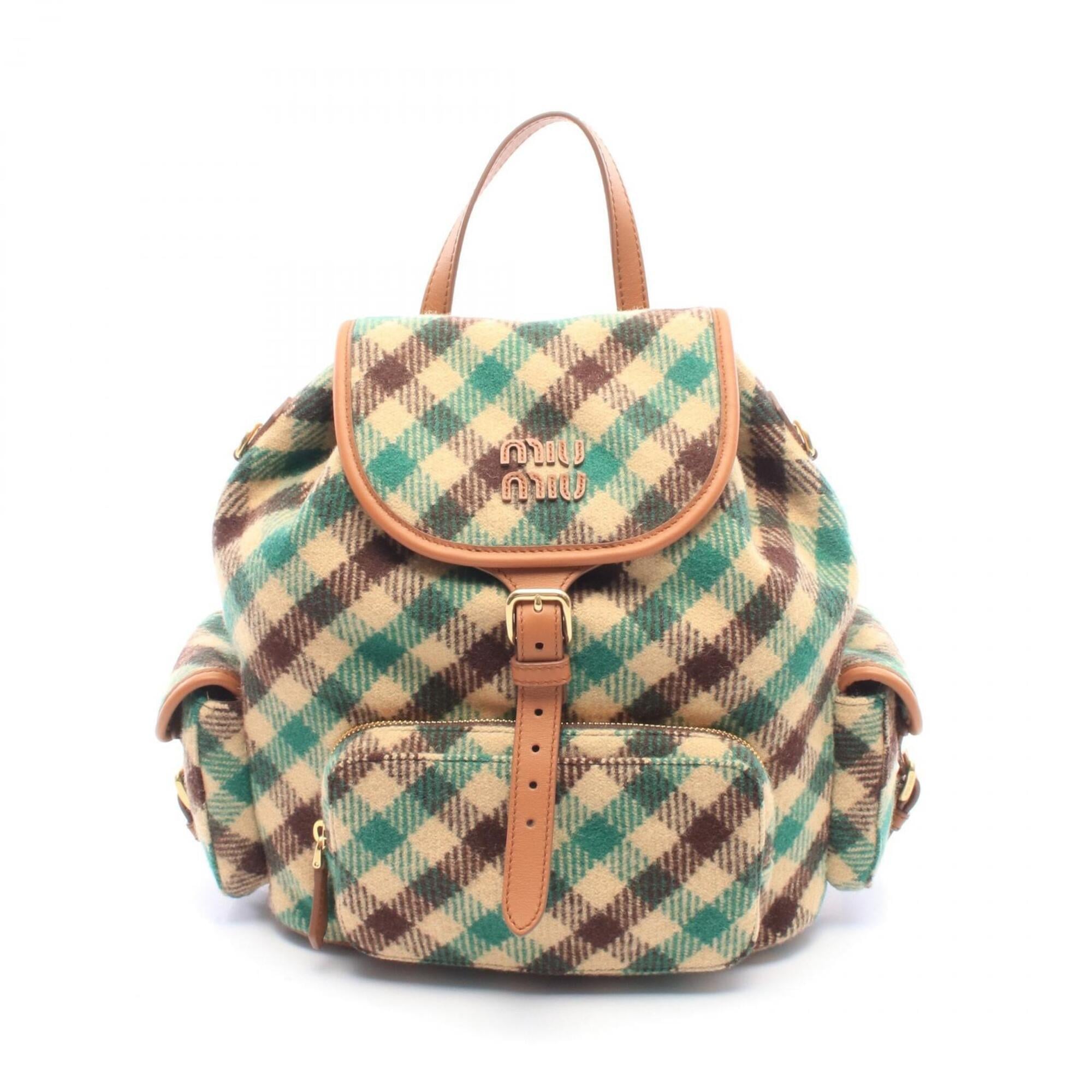 Miu Miu Beige Green Multi-Color Wool Leather Backpack Handbag (Pre-Owned)