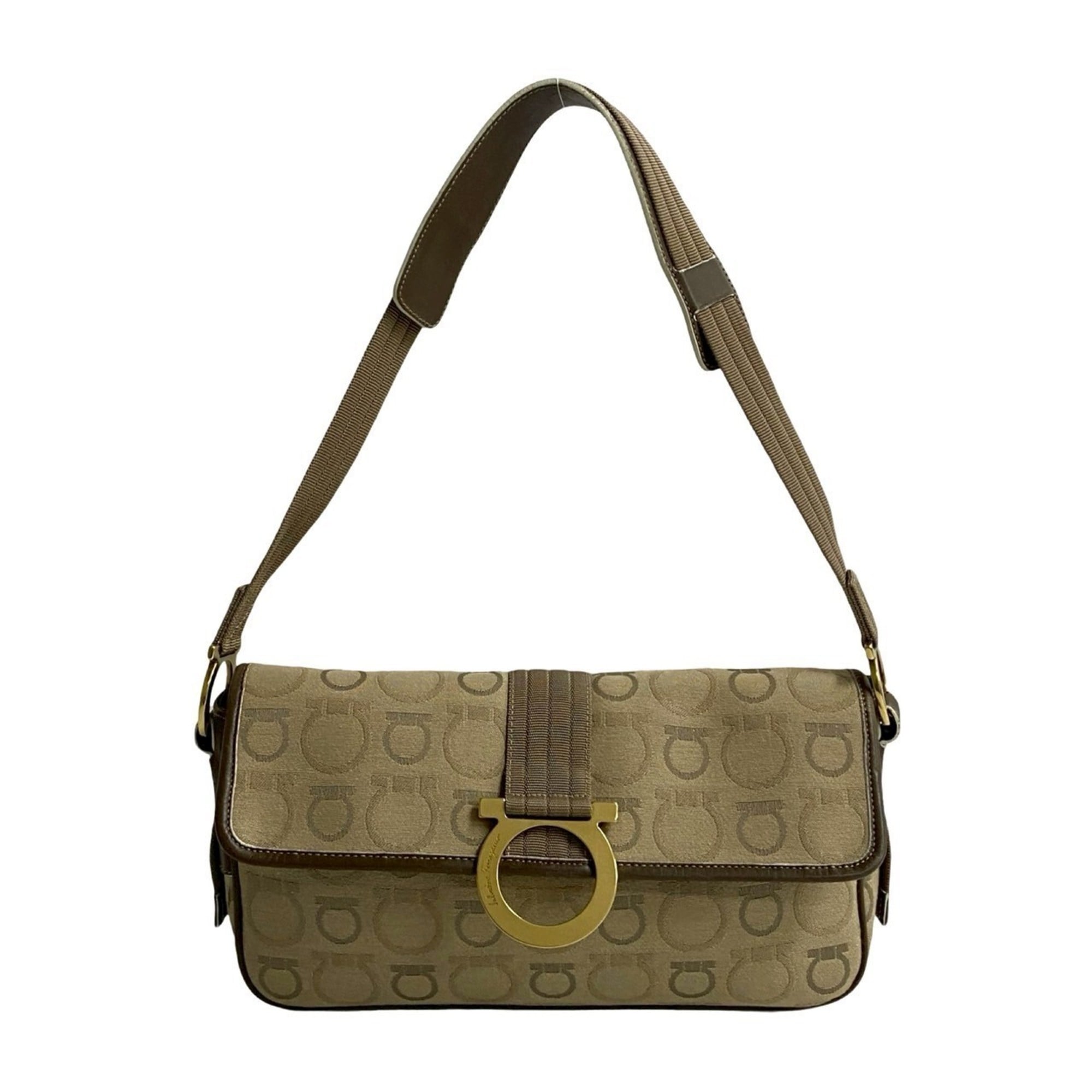 Salvatore Ferragamo Beige Brown Canvas Leather Shoulder Bag (Pre-Owned)