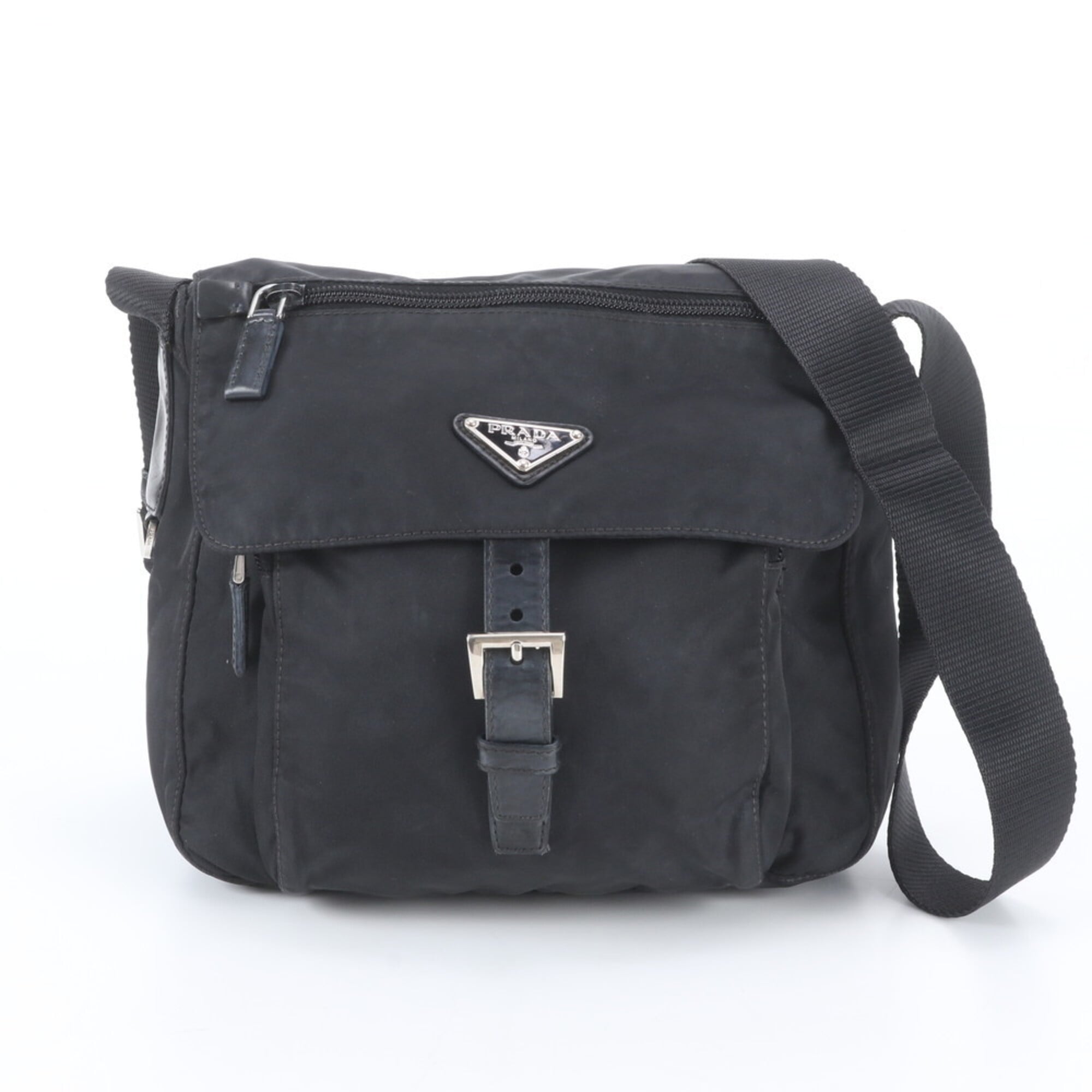 Prada Black Leather Nylon Messenger Bag Shoulder Bag (Pre-Owned)
