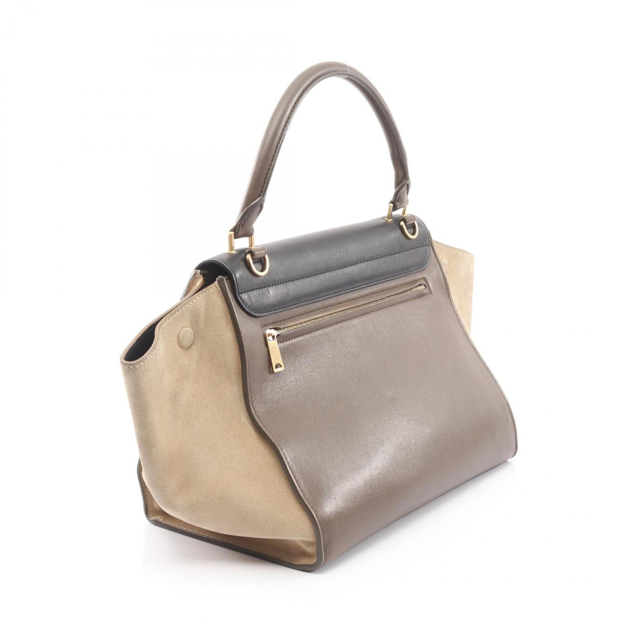 Celine Black Gray Khaki Leather Suede Handbag (Pre-Owned)