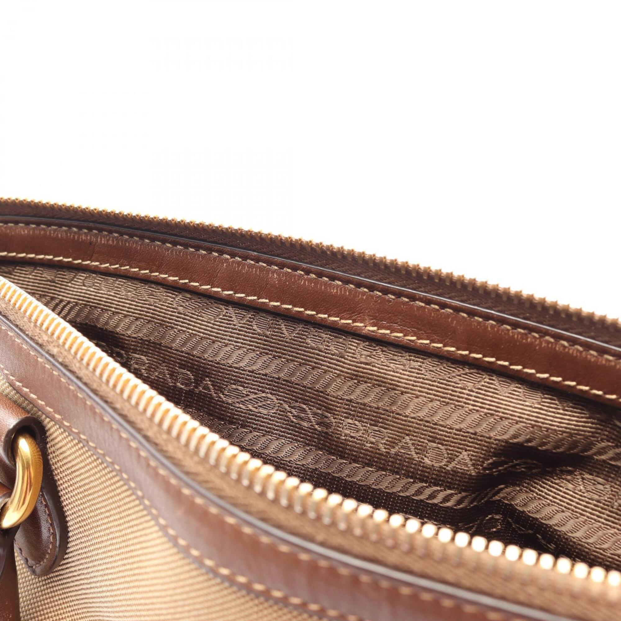 Prada Beige Brown Canvas Leather Handbag (Pre-Owned)