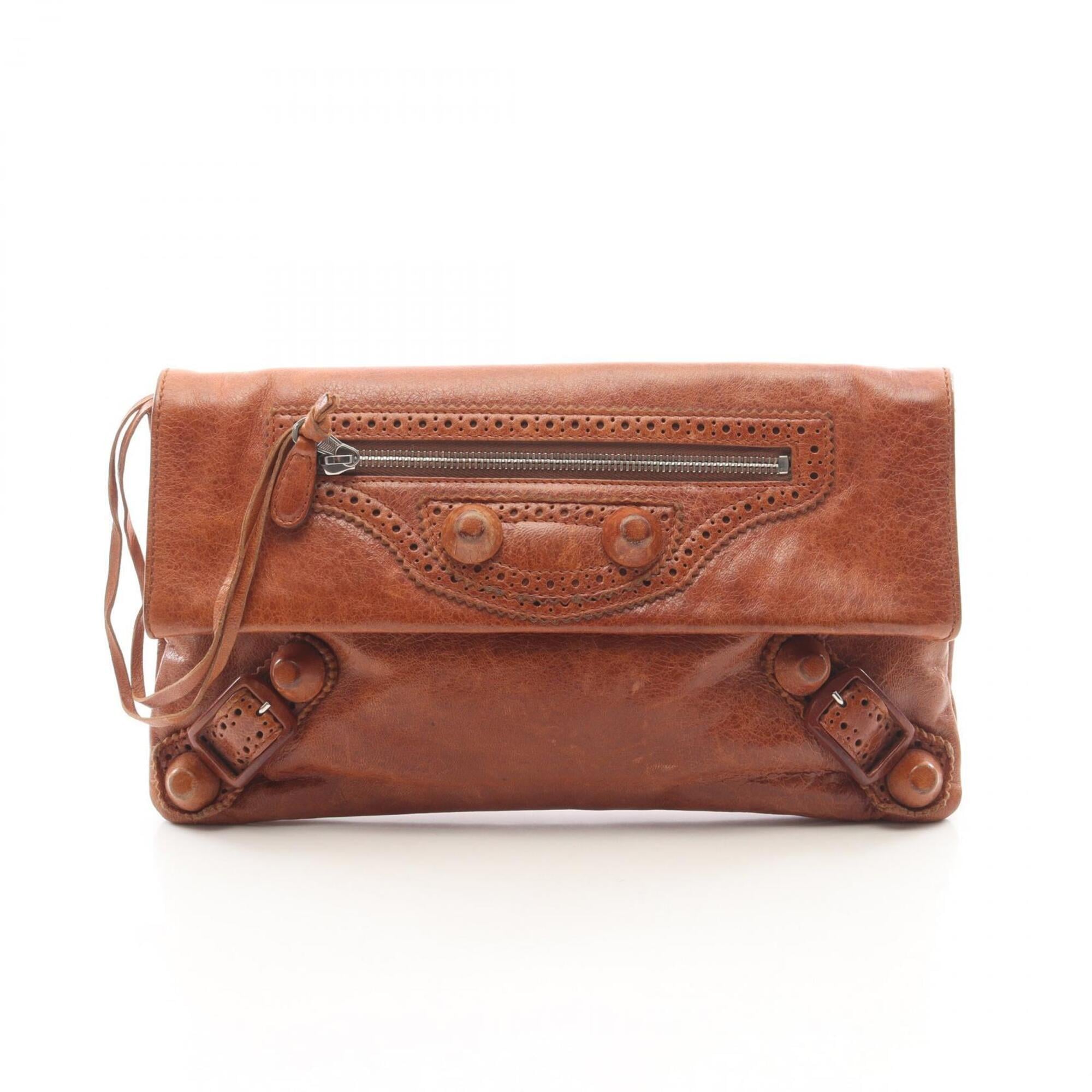 Balenciaga Brown Leather Clutch Bag Handbag (Pre-Owned)