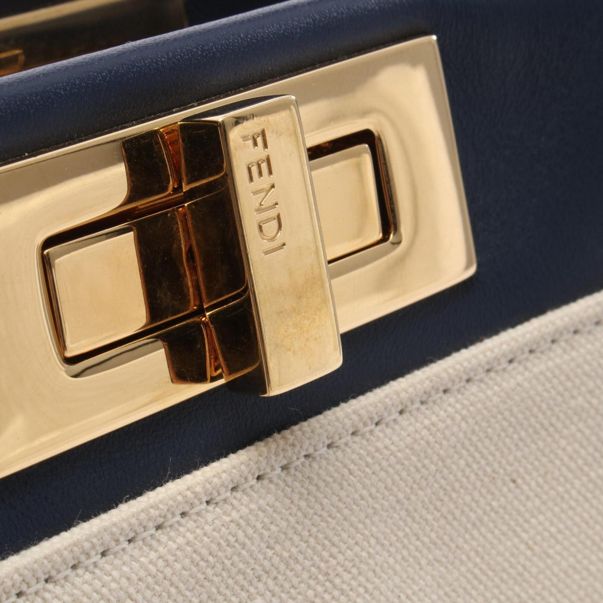 Fendi Ivory Navy Red Color Canvas Knit Handbag (Pre-Owned)