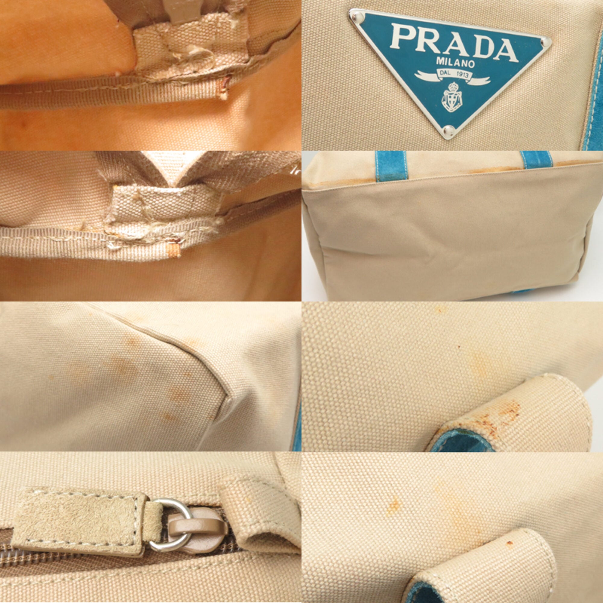 Prada Beige Blue Canvas Leather Tote Bag (Pre-Owned)