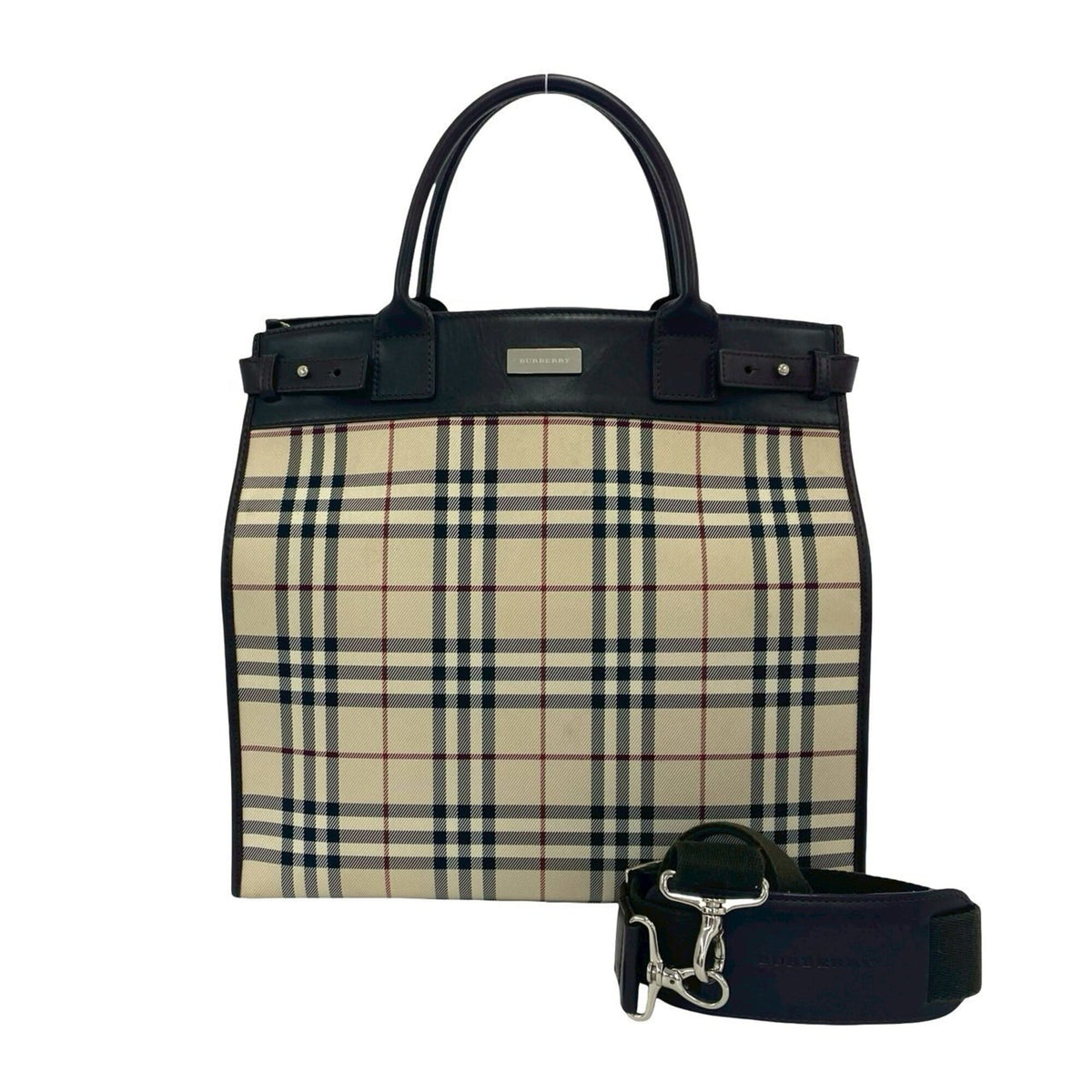 Burberry Beige Black Brown Red Color White Canvas Leather Handbag Shoulder Bag (Pre-Owned)