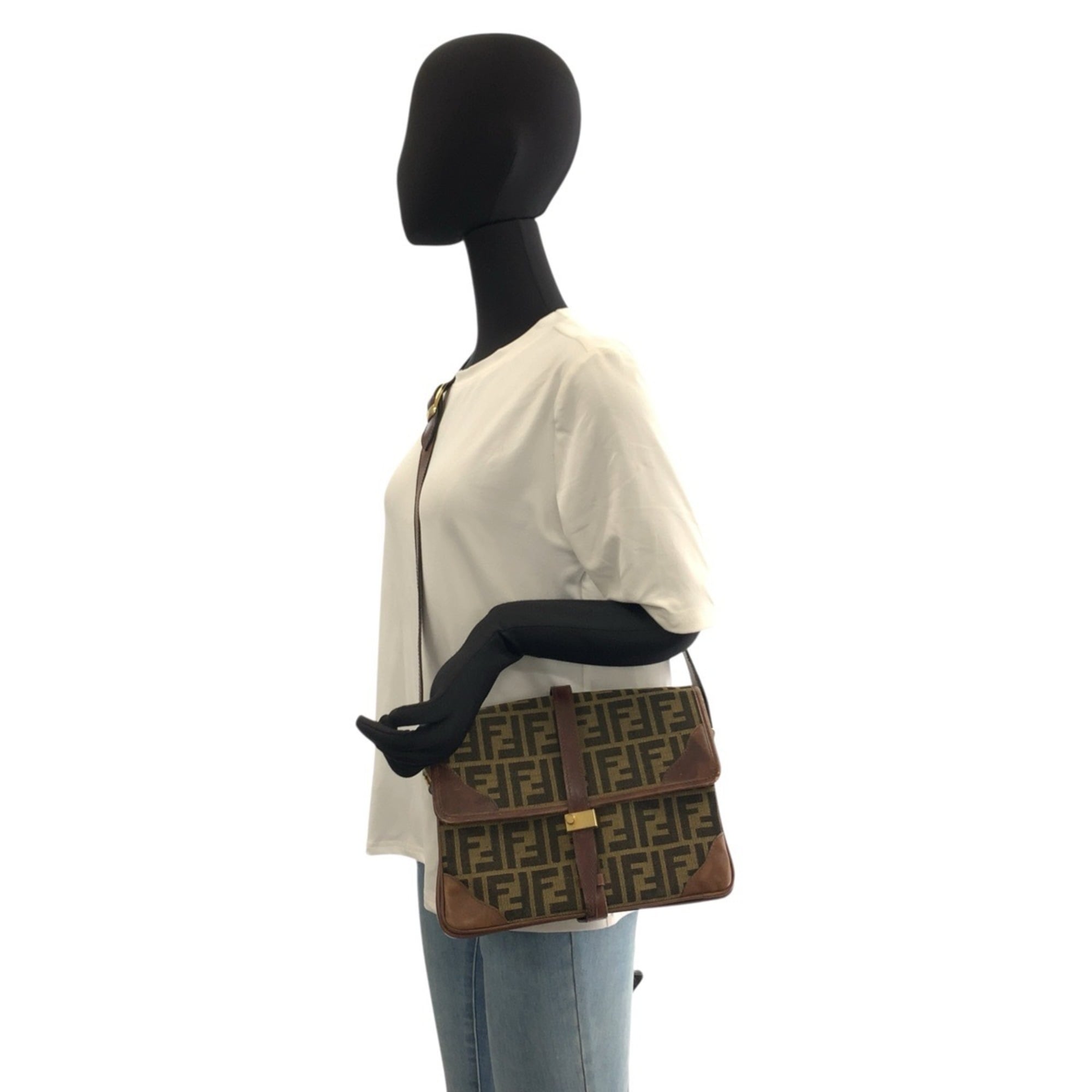 Fendi Brown Leather Canvas Pochette Shoulder Bag (Pre-Owned)