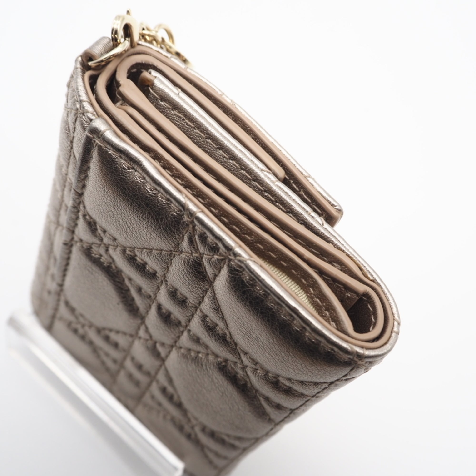 Christian Dior Lady Dior Gold Leather Wallet (Tri-Fold) (Pre-Owned)