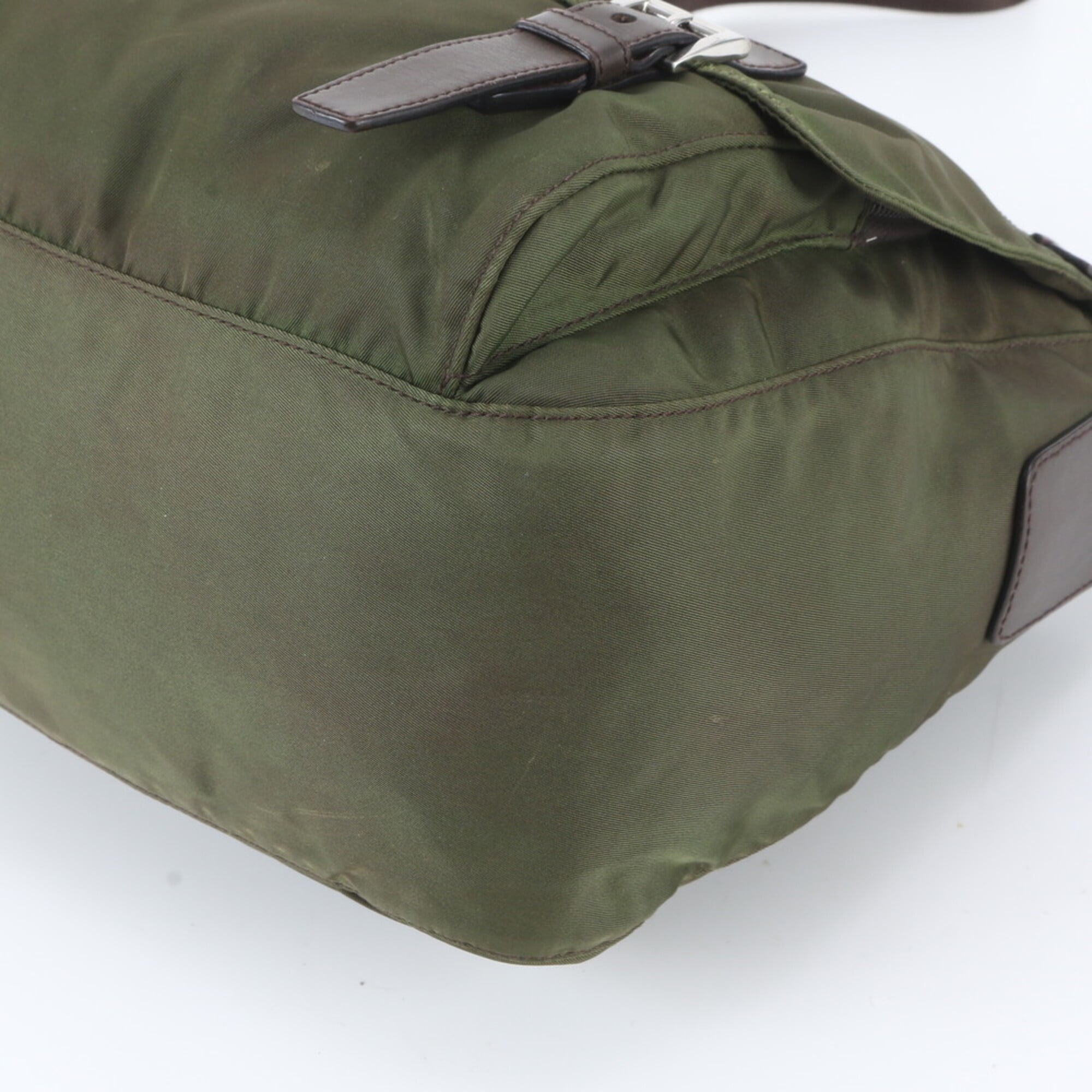 Prada Brown Green Khaki Nylon Leather Shoulder Bag (Pre-Owned)
