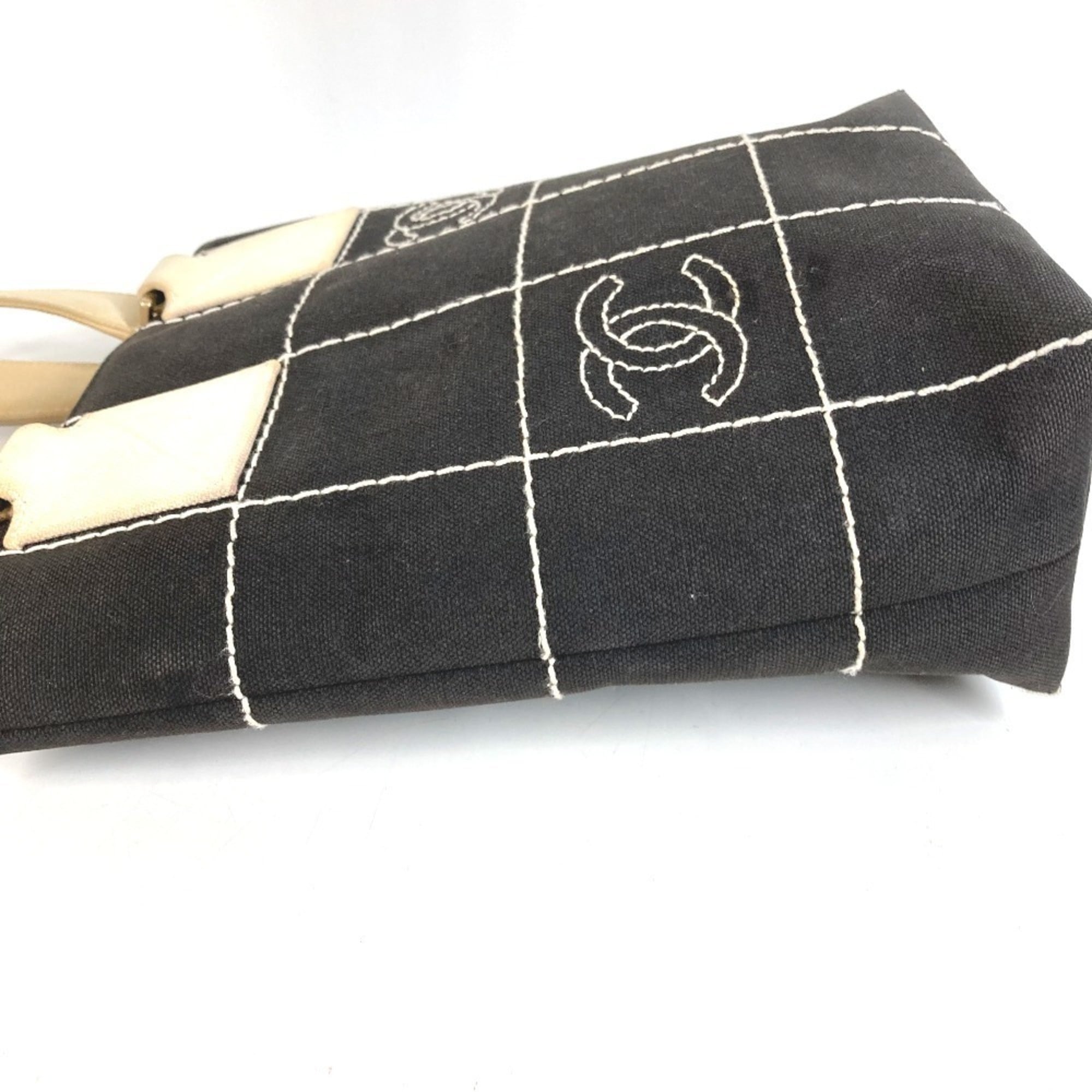 Chanel Black White Cotton Handbag Shoulder Bag Tote Bag (Pre-Owned)